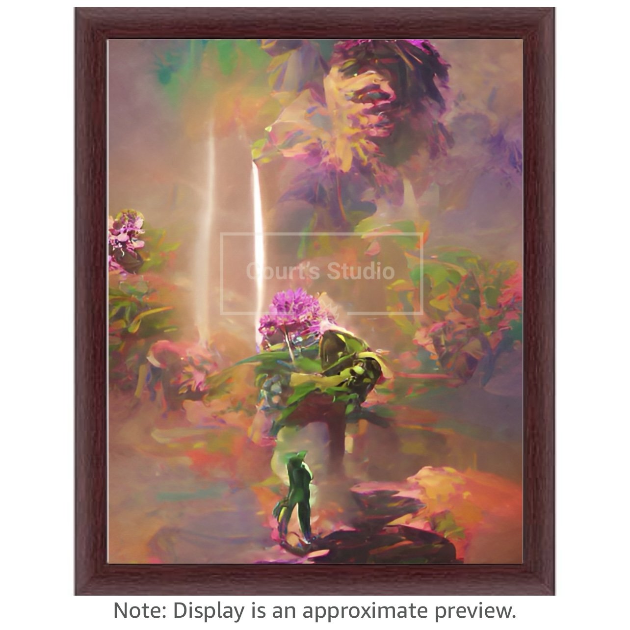 Custom 16x20 synesthesia art canvas with an elegant mahogany frame, featuring a blend of visuals and sounds in a stunning artwork.