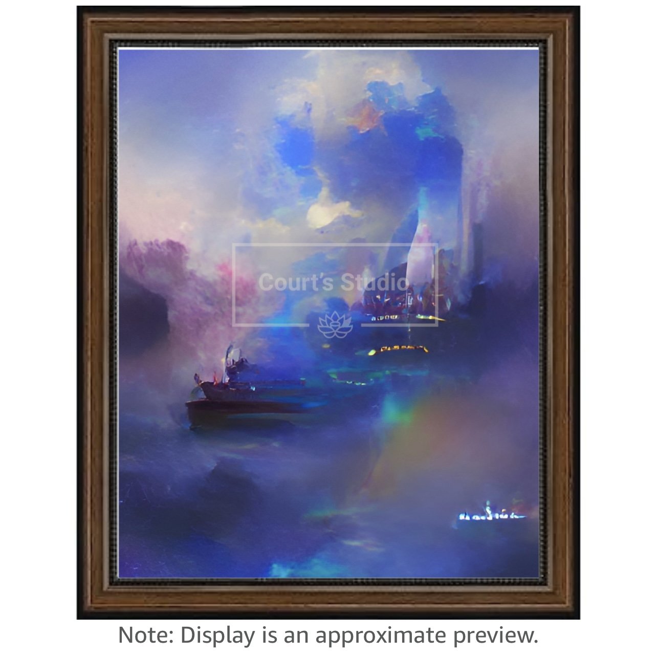Custom 16x20 synesthesia art canvas with a rich walnut frame, offering a unique blend of colors and sounds in a personalized artwork.