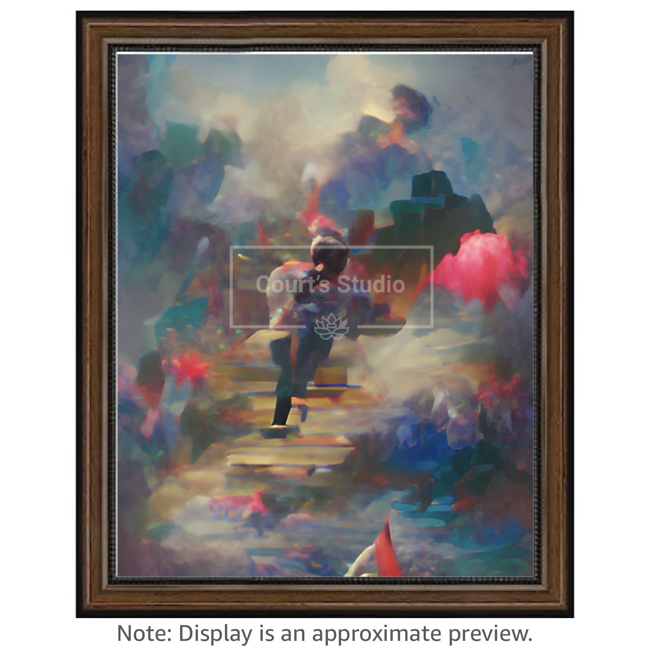 Custom 16x20 synesthesia art canvas with a rich walnut frame, offering a unique blend of colors and sounds in a personalized artwork.