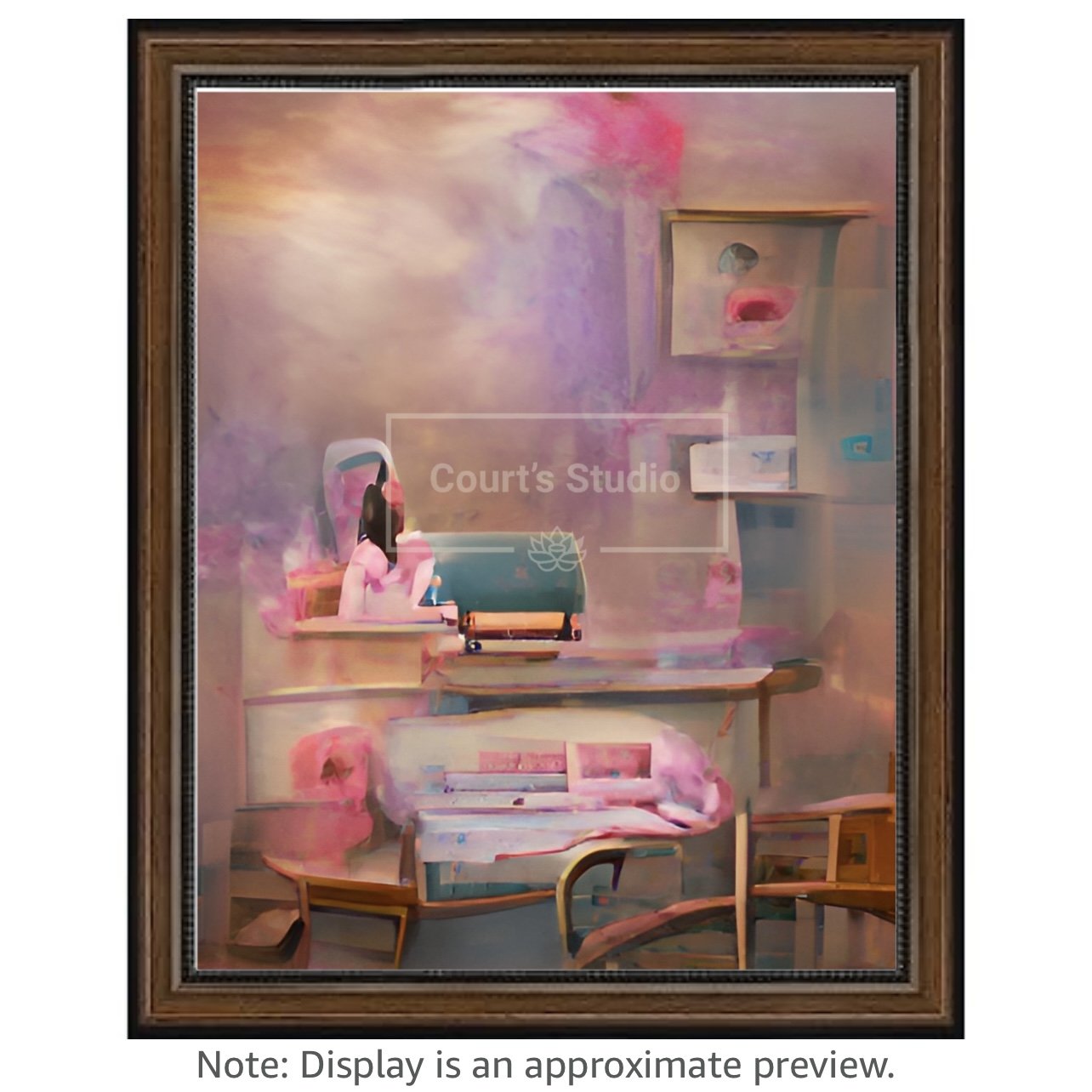 Custom 16x20 synesthesia art canvas with a rich walnut frame, offering a unique blend of colors and sounds in a personalized artwork.