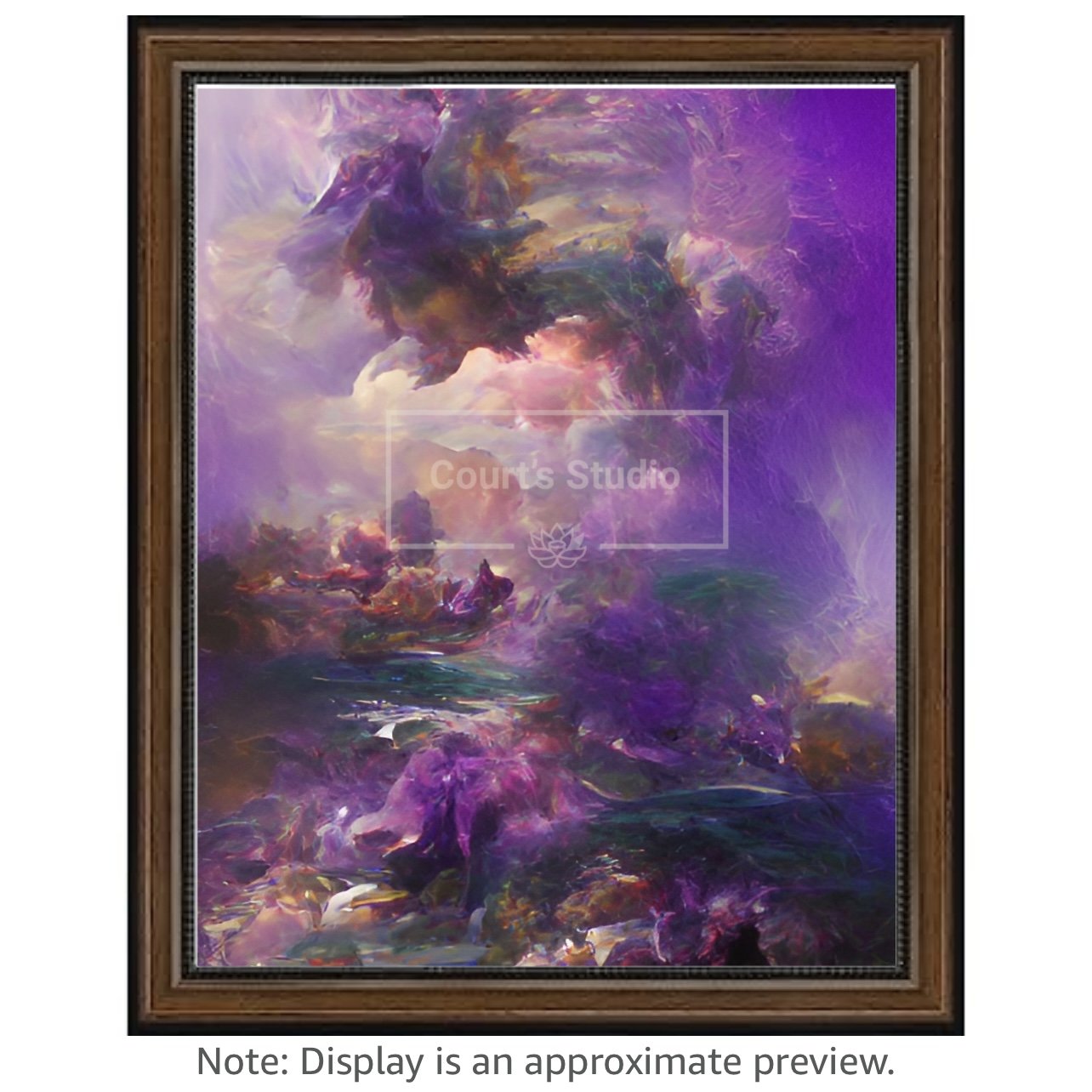 Custom 16x20 synesthesia art canvas with a rich walnut frame, offering a unique blend of colors and sounds in a personalized artwork.