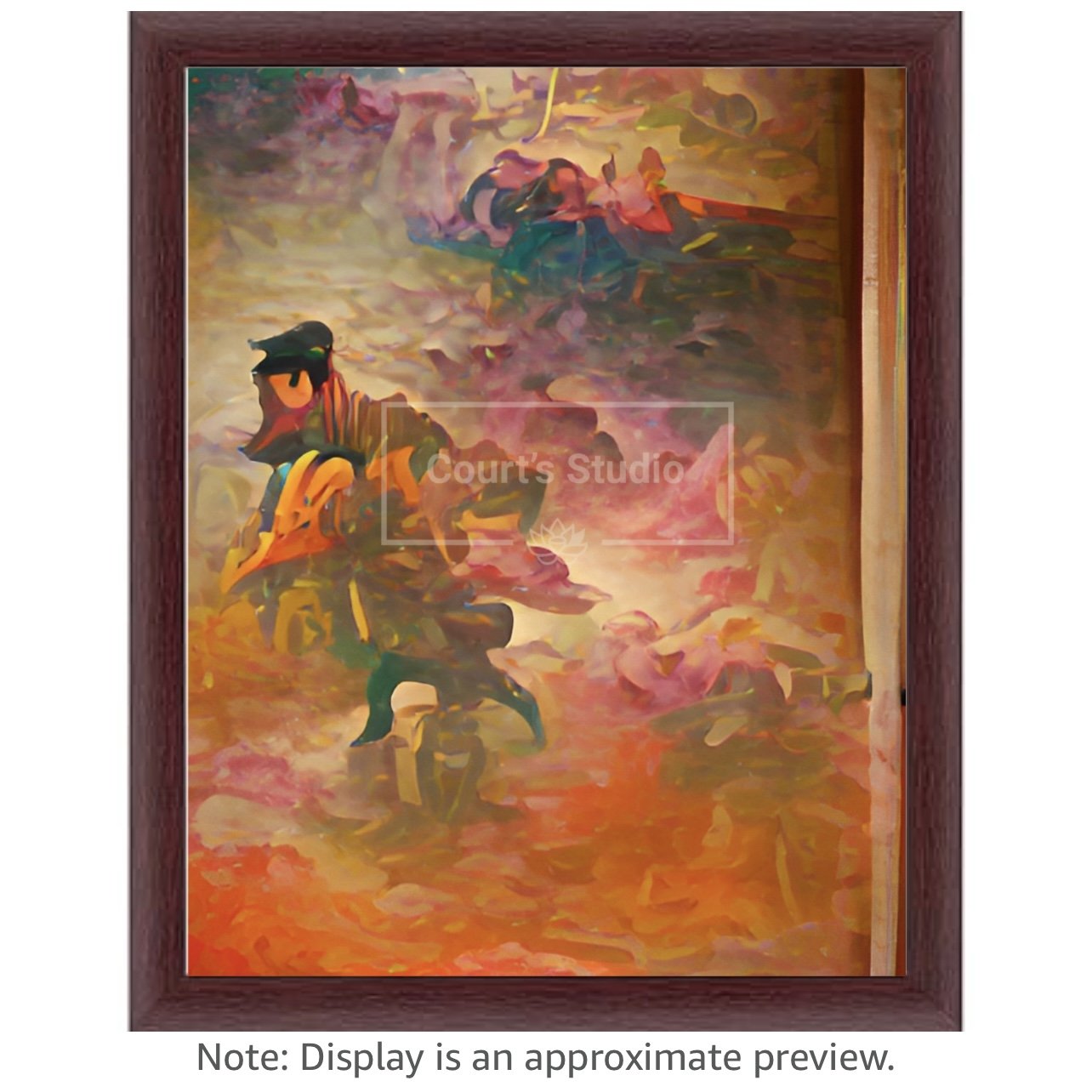 Custom 16x20 synesthesia art canvas with an elegant mahogany frame, featuring a blend of visuals and sounds in a stunning artwork.