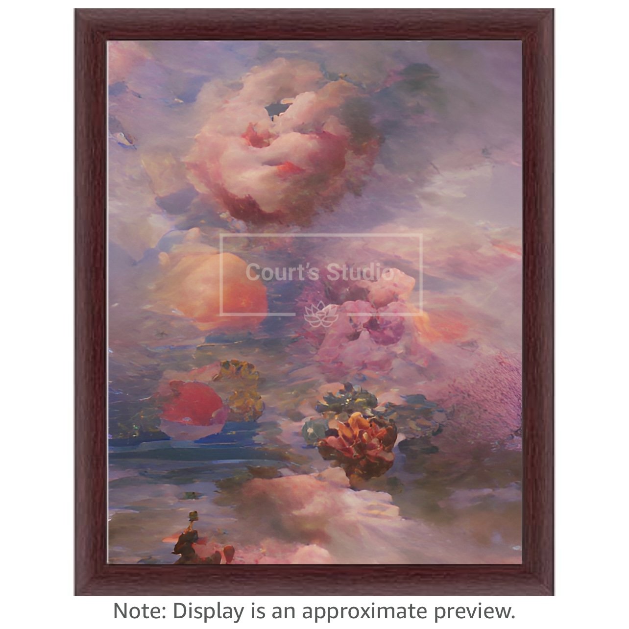 Custom 16x20 synesthesia art canvas with an elegant mahogany frame, featuring a blend of visuals and sounds in a stunning artwork.