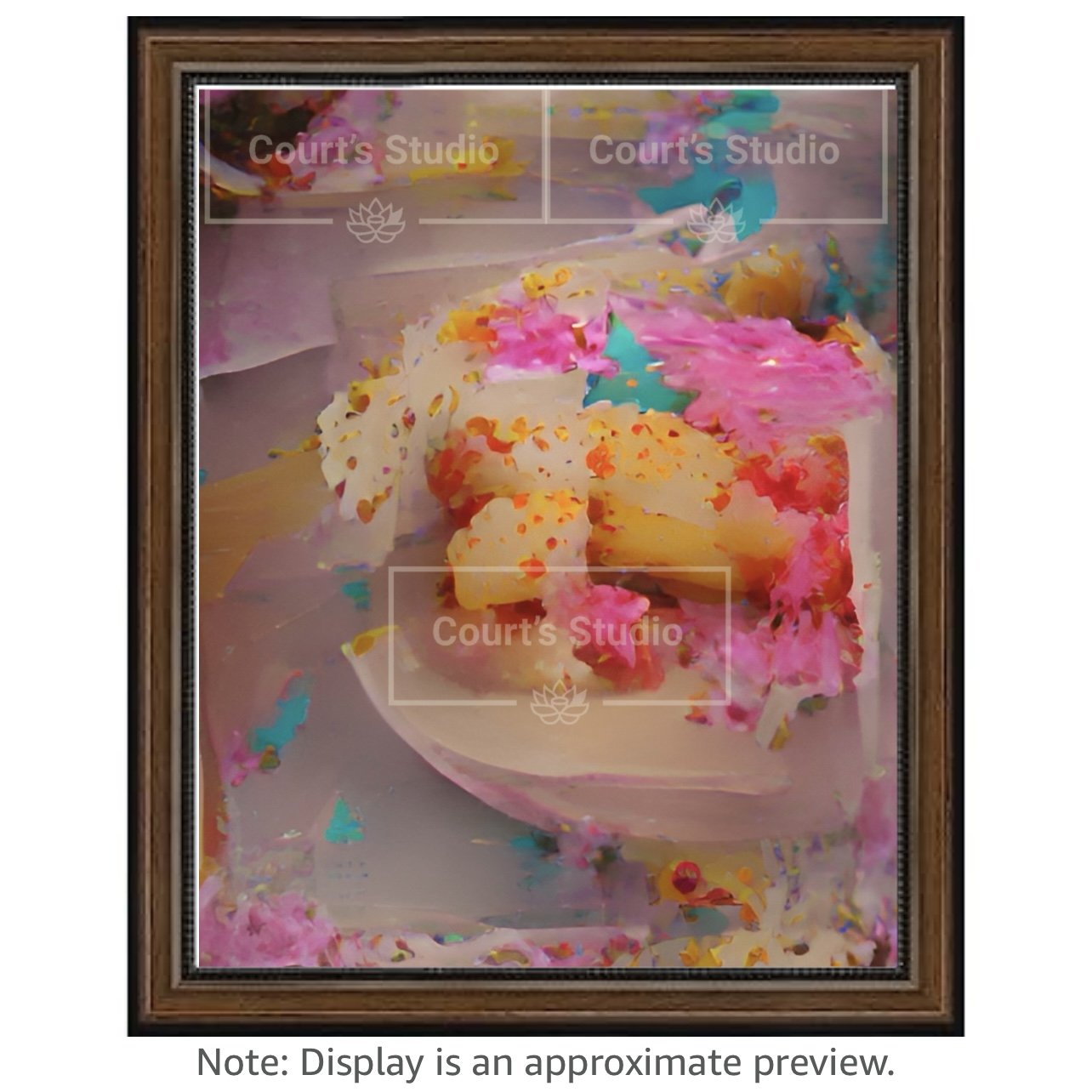 Custom 16x20 synesthesia art canvas with a rich walnut frame, offering a unique blend of colors and sounds in a personalized artwork.