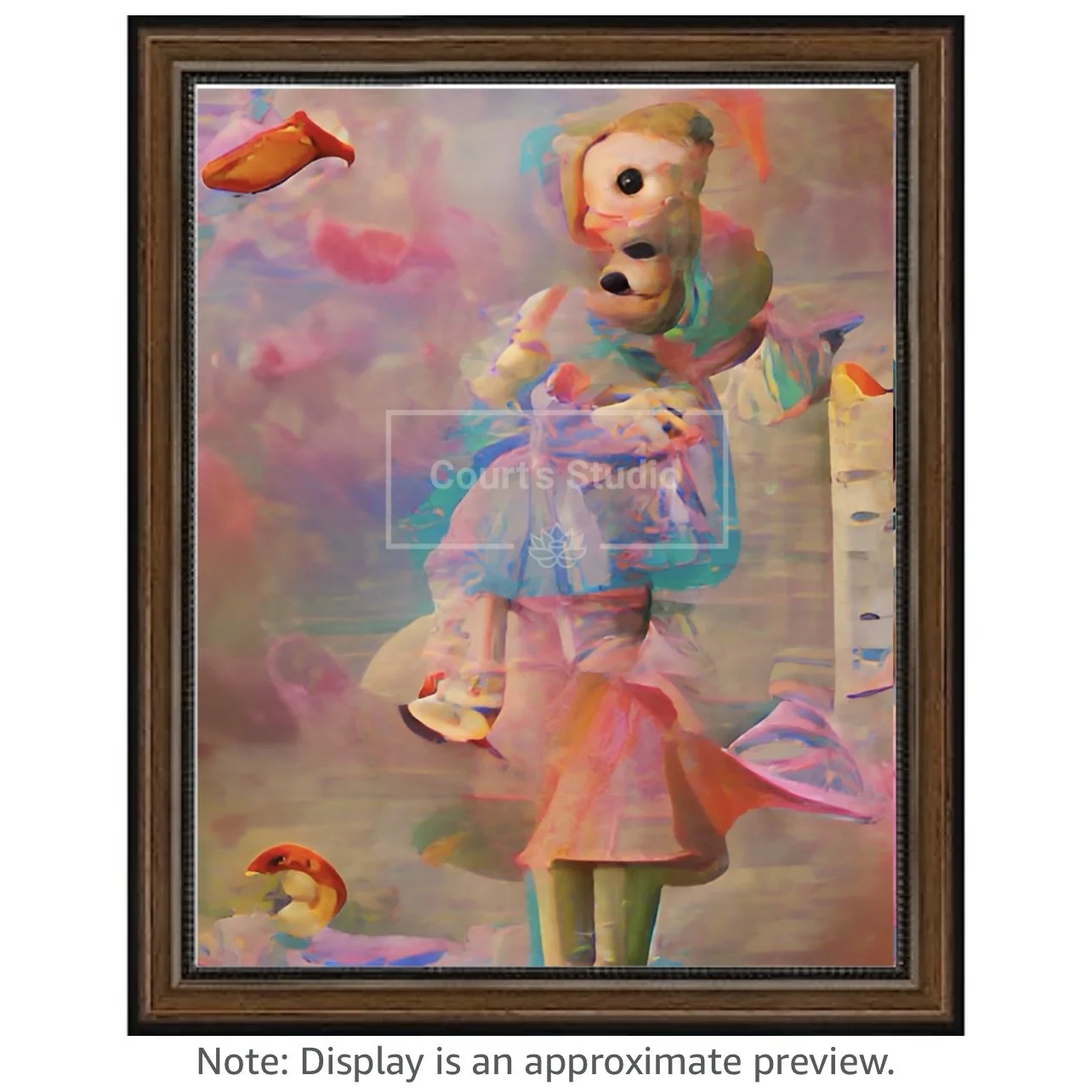 Custom 16x20 synesthesia art canvas with a rich walnut frame, offering a unique blend of colors and sounds in a personalized artwork.
