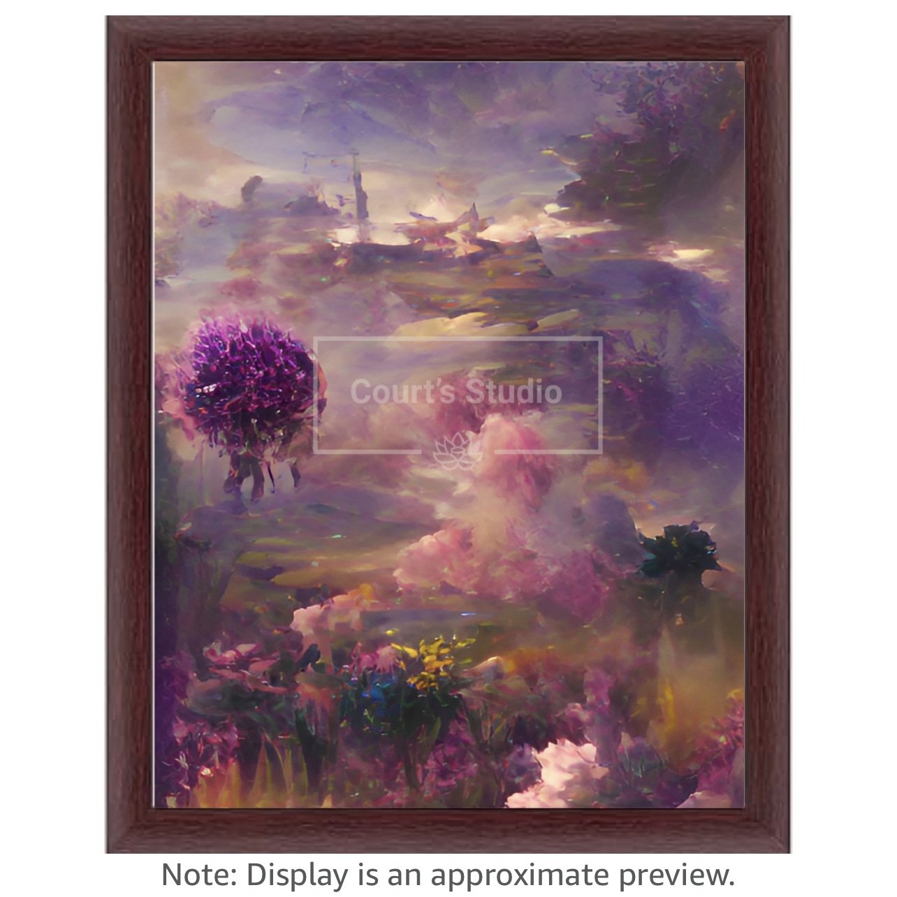 Custom 16x20 synesthesia art canvas with an elegant mahogany frame, featuring a blend of visuals and sounds in a stunning artwork.