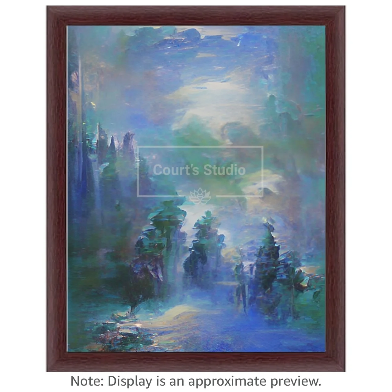 Custom 16x20 synesthesia art canvas with an elegant mahogany frame, featuring a blend of visuals and sounds in a stunning artwork.