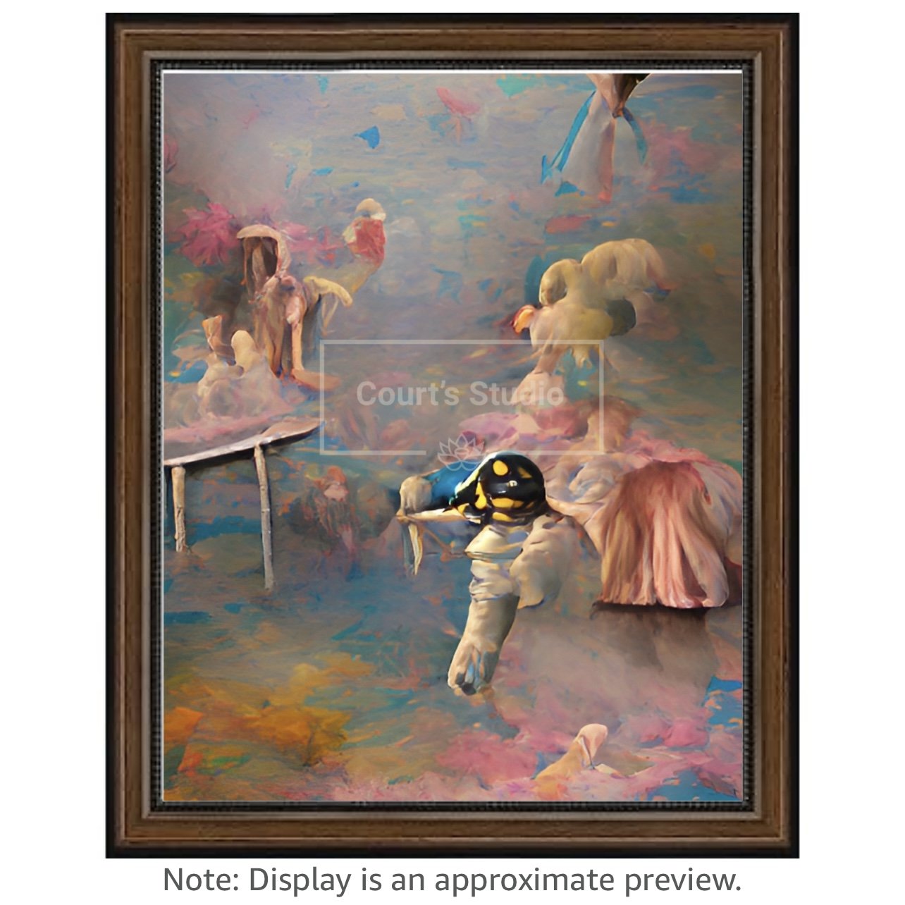 Custom 16x20 synesthesia art canvas with a rich walnut frame, offering a unique blend of colors and sounds in a personalized artwork.