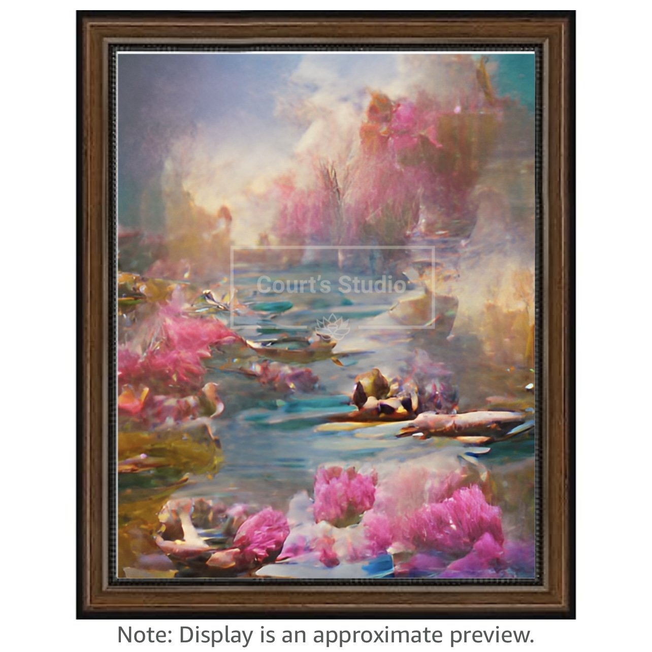 Custom 16x20 synesthesia art canvas with a rich walnut frame, offering a unique blend of colors and sounds in a personalized artwork.