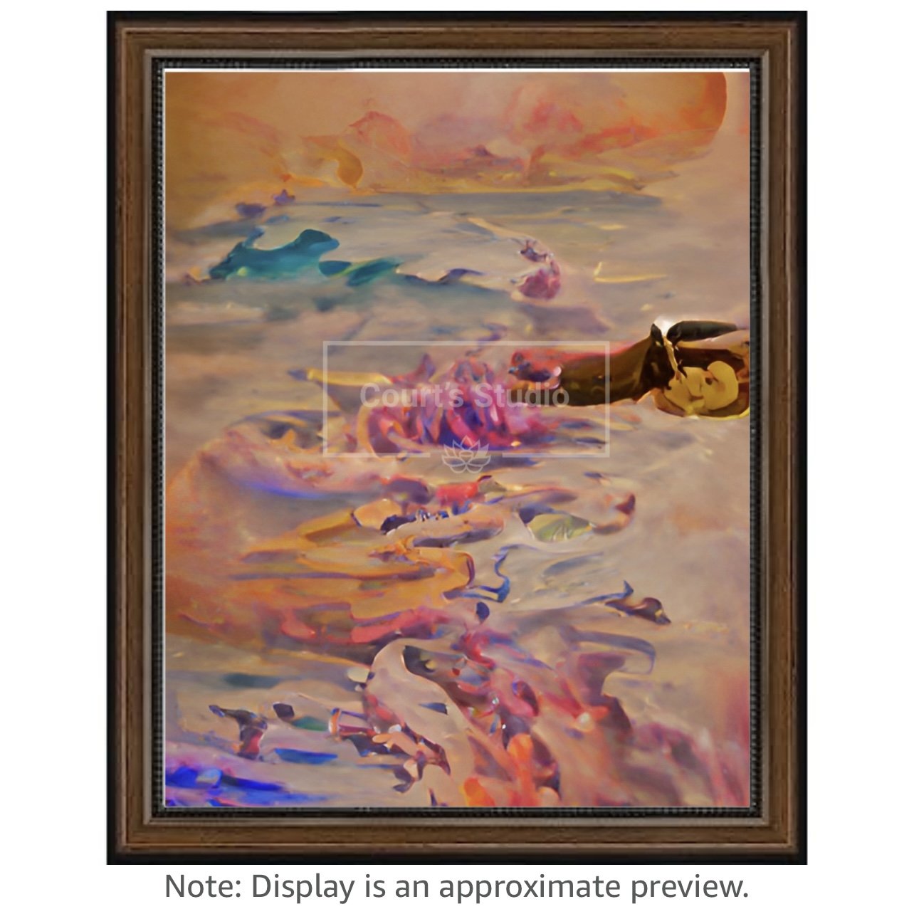 Custom 16x20 synesthesia art canvas with a rich walnut frame, offering a unique blend of colors and sounds in a personalized artwork.