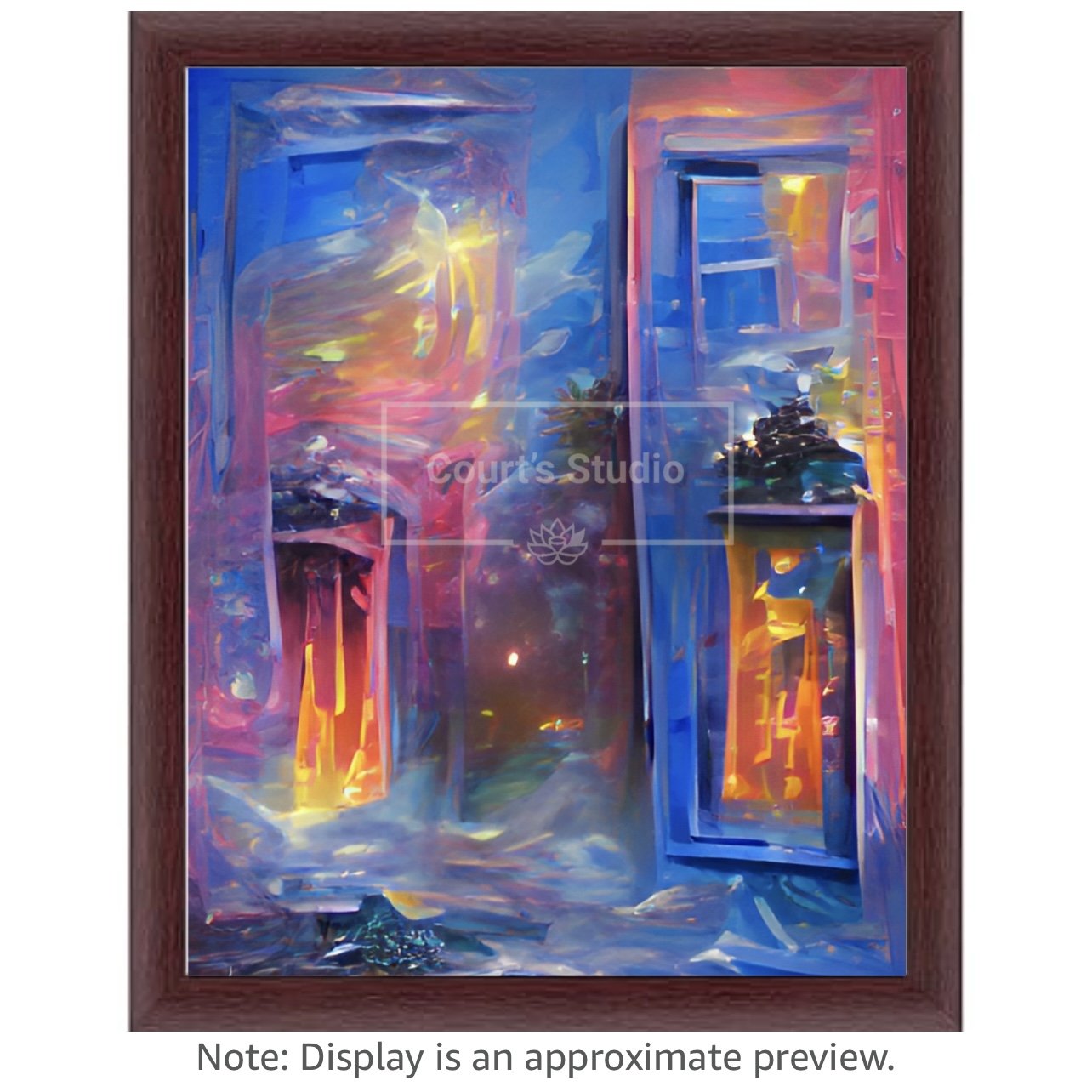 Custom 16x20 synesthesia art canvas with an elegant mahogany frame, featuring a blend of visuals and sounds in a stunning artwork.