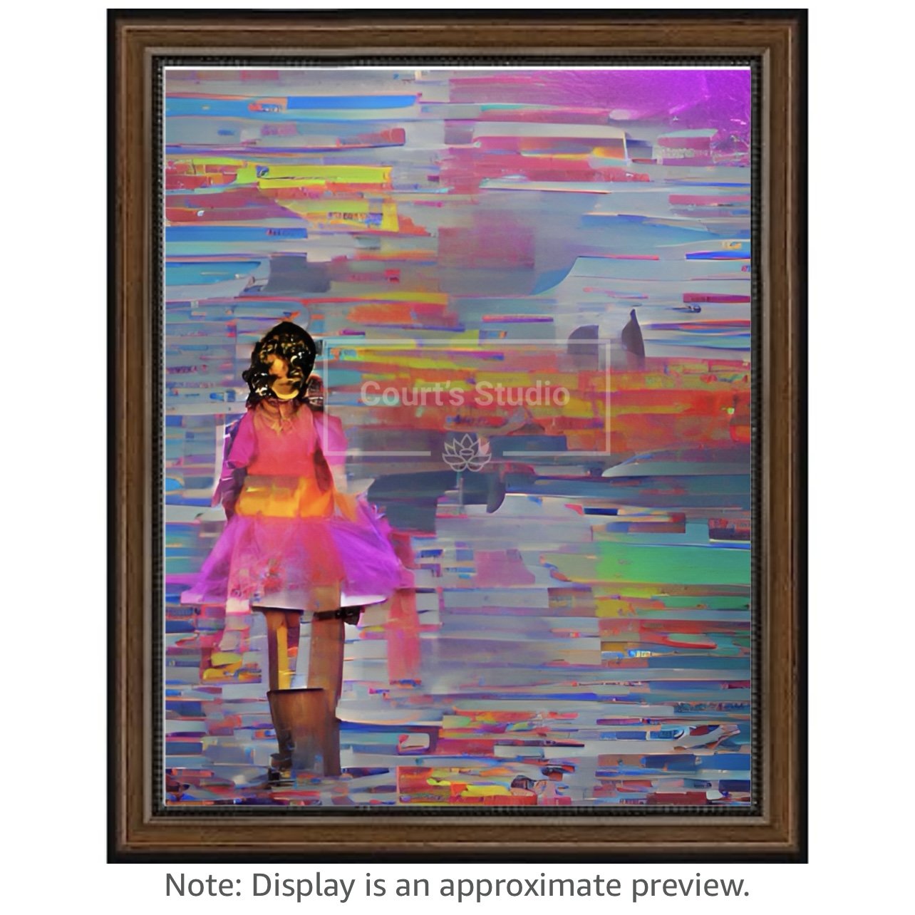 Custom 16x20 synesthesia art canvas with a rich walnut frame, offering a unique blend of colors and sounds in a personalized artwork.