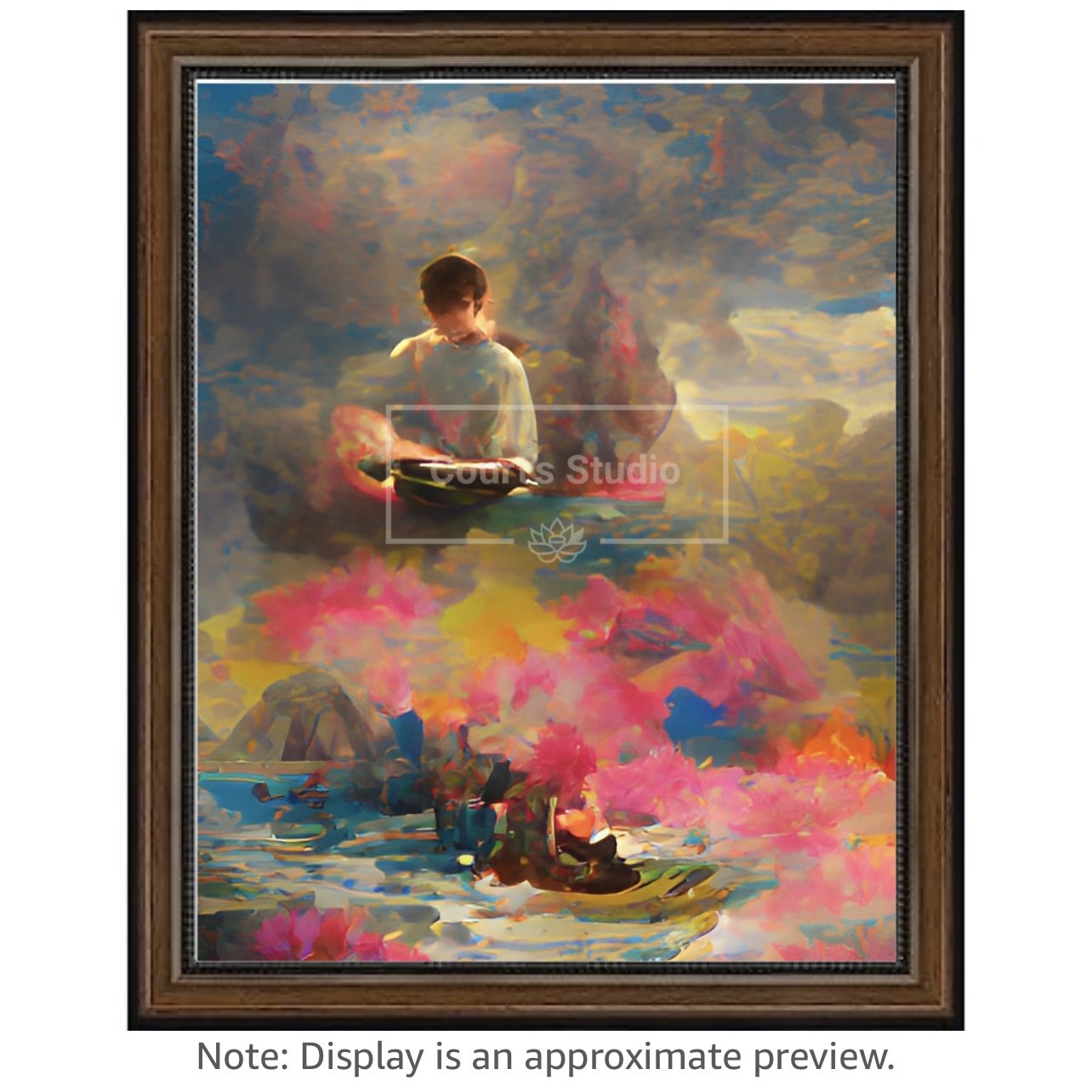 Custom 16x20 synesthesia art canvas with a rich walnut frame, offering a unique blend of colors and sounds in a personalized artwork.