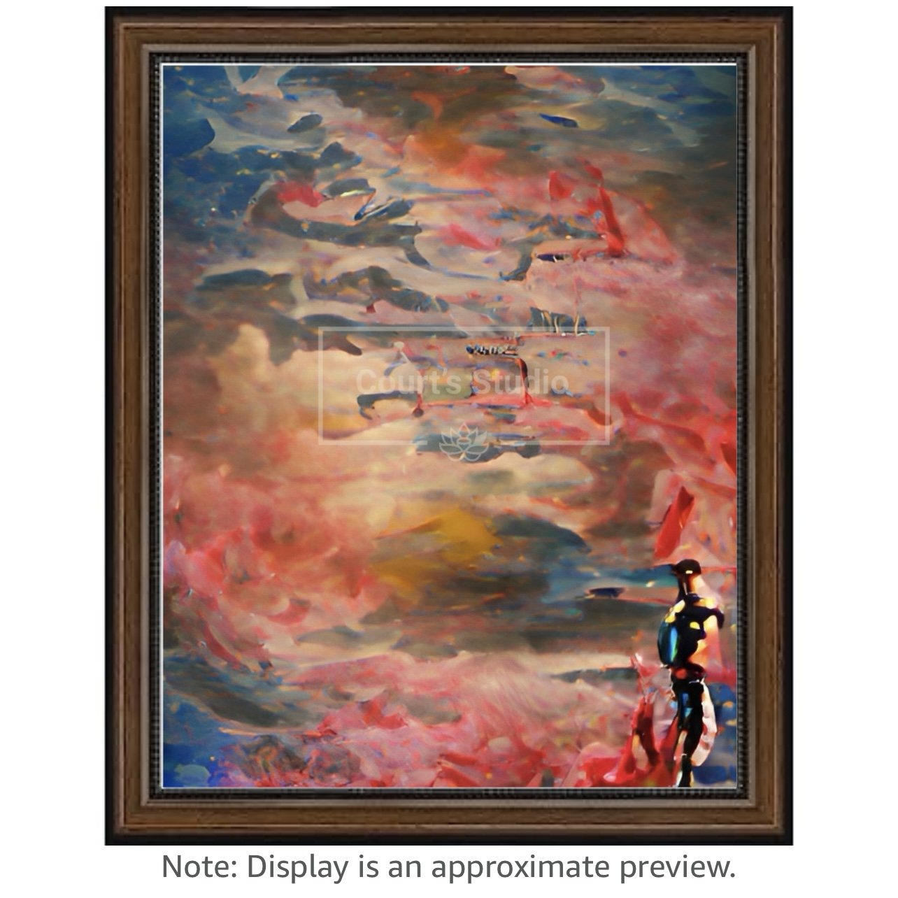 Custom 16x20 synesthesia art canvas with a rich walnut frame, offering a unique blend of colors and sounds in a personalized artwork.
