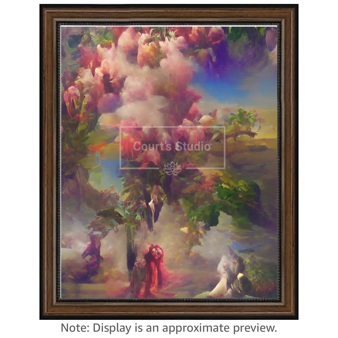 Custom 16x20 synesthesia art canvas with a rich walnut frame, offering a unique blend of colors and sounds in a personalized artwork.