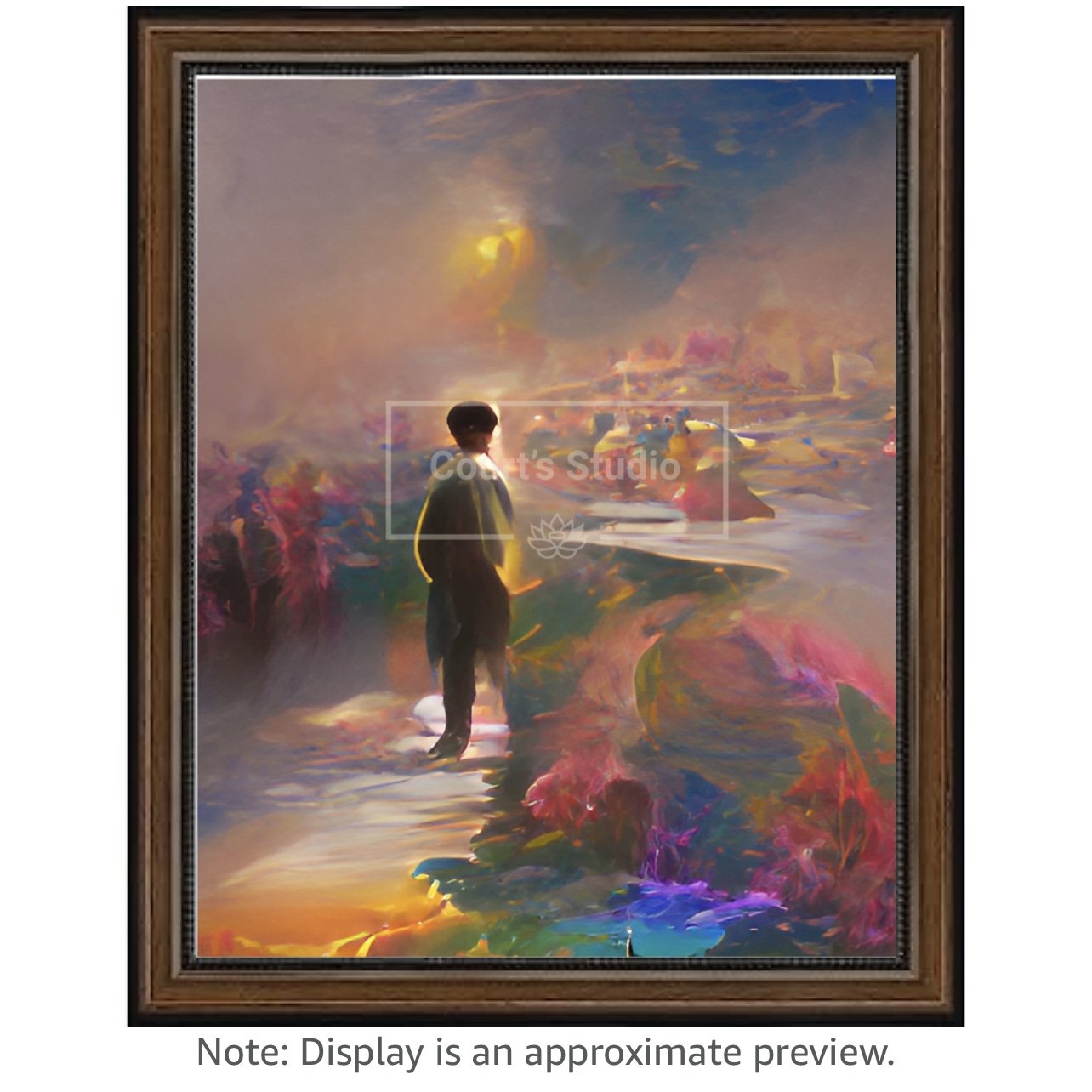 Custom 16x20 synesthesia art canvas with a rich walnut frame, offering a unique blend of colors and sounds in a personalized artwork.