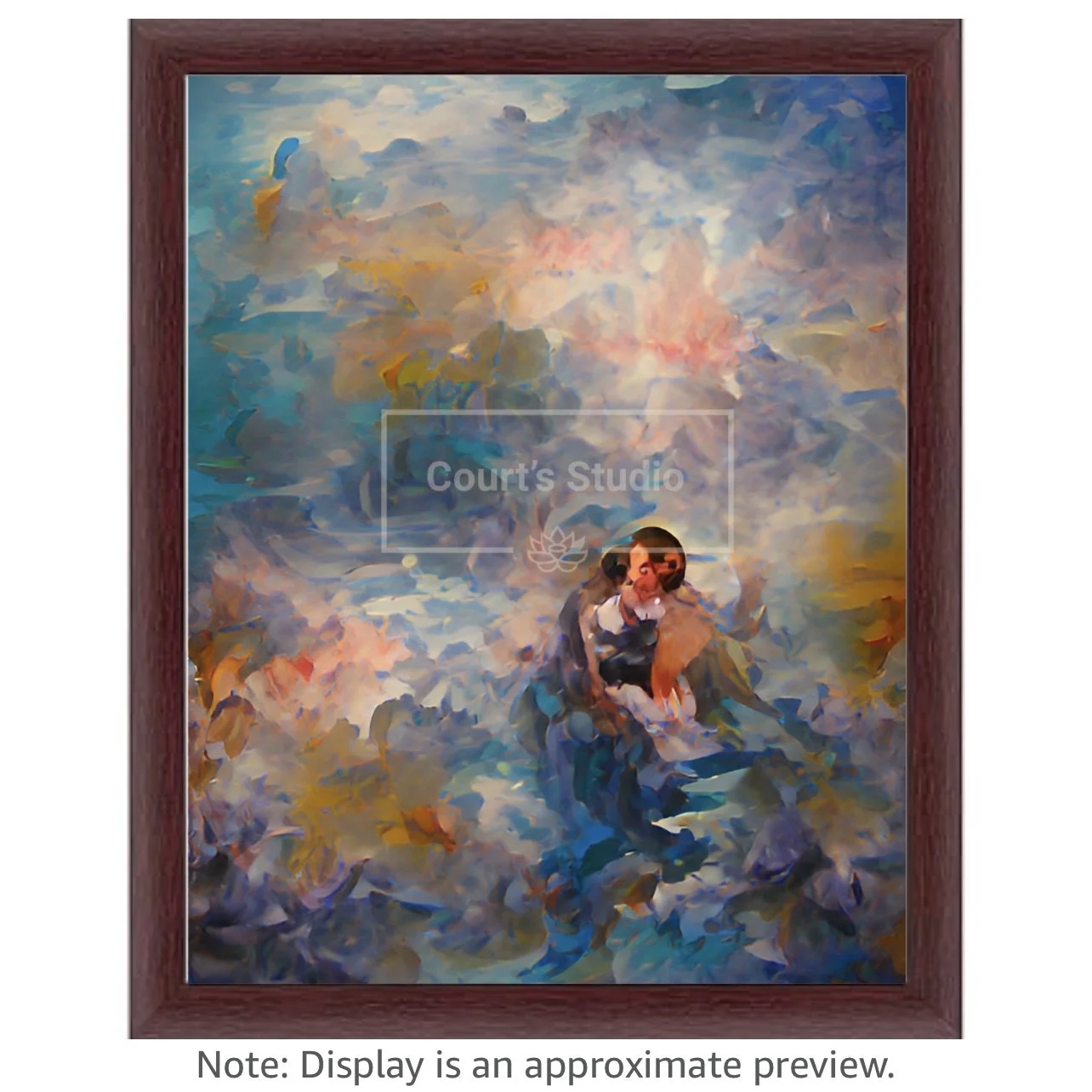 Custom 16x20 synesthesia art canvas with an elegant mahogany frame, featuring a blend of visuals and sounds in a stunning artwork.