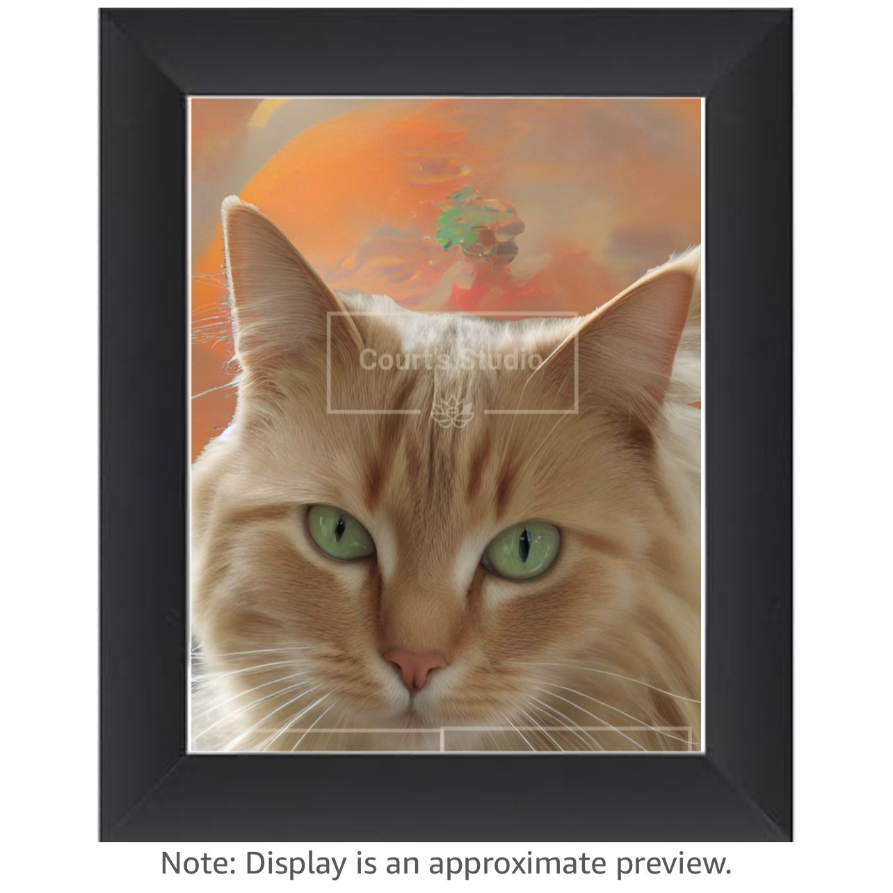 Custom pet portrait framed in black, featuring a vibrant depiction of your pet with a synesthesia art background.