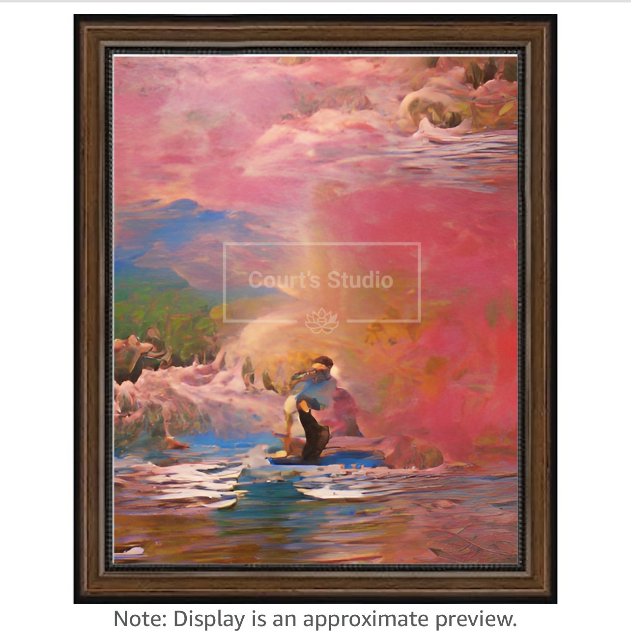 Custom 16x20 synesthesia art canvas with a rich walnut frame, offering a unique blend of colors and sounds in a personalized artwork.