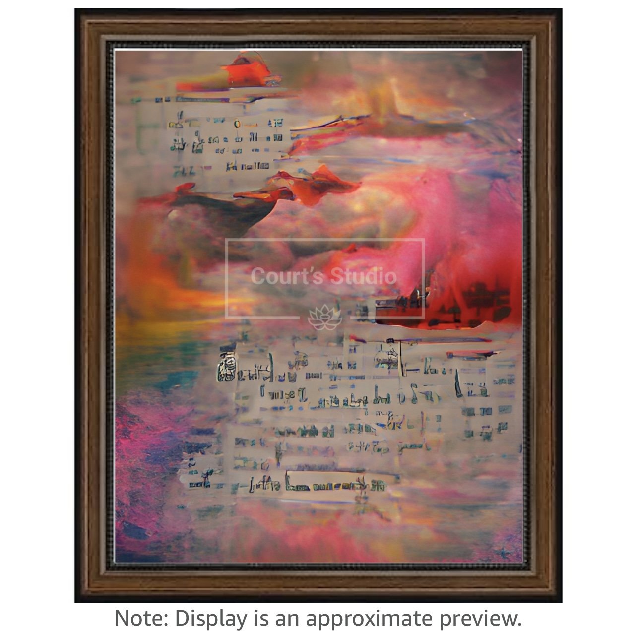 Custom 16x20 synesthesia art canvas with a rich walnut frame, offering a unique blend of colors and sounds in a personalized artwork.