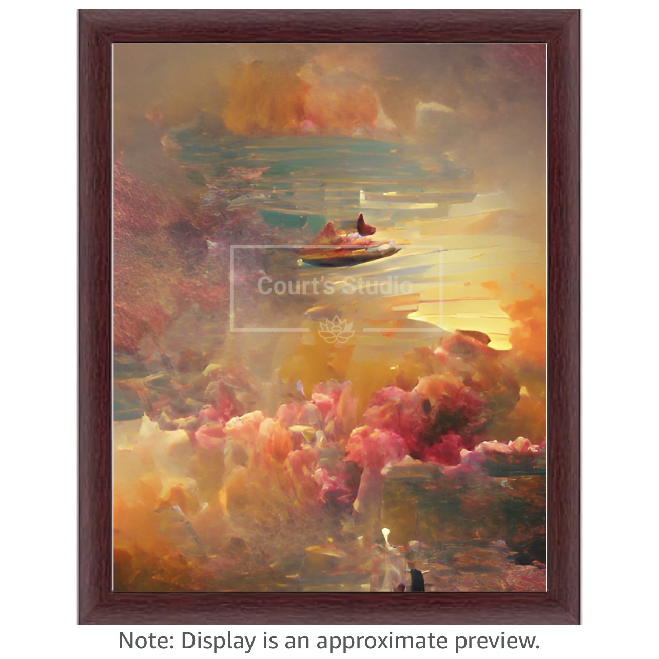 Custom 16x20 synesthesia art canvas with an elegant mahogany frame, featuring a blend of visuals and sounds in a stunning artwork.