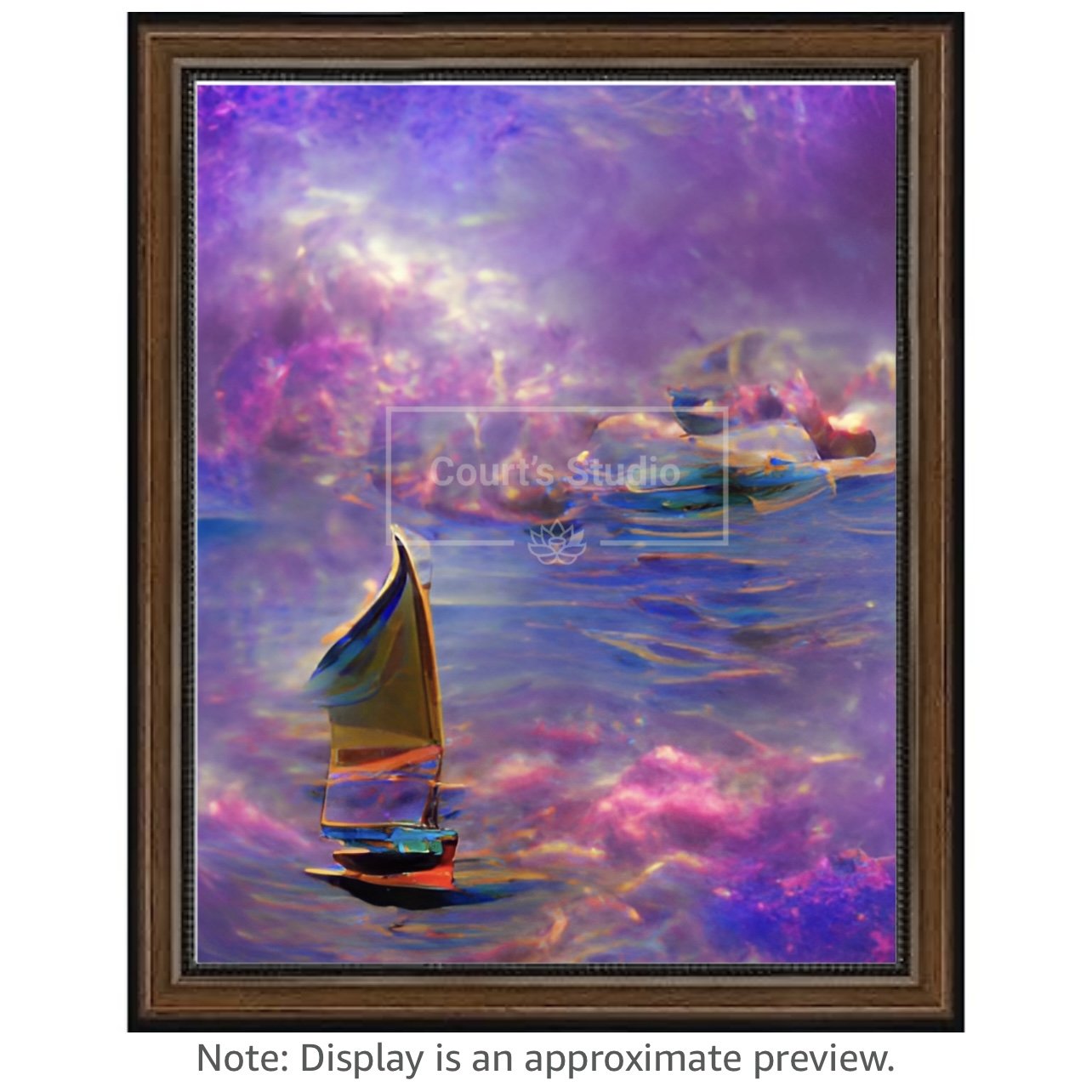 Custom 16x20 synesthesia art canvas with a rich walnut frame, offering a unique blend of colors and sounds in a personalized artwork.