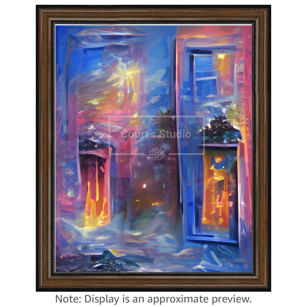 Custom 16x20 synesthesia art canvas with a rich walnut frame, offering a unique blend of colors and sounds in a personalized artwork.