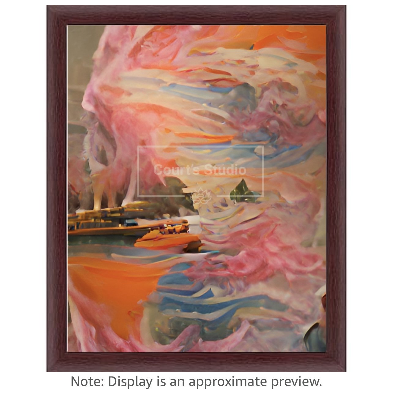Custom 16x20 synesthesia art canvas with an elegant mahogany frame, featuring a blend of visuals and sounds in a stunning artwork.