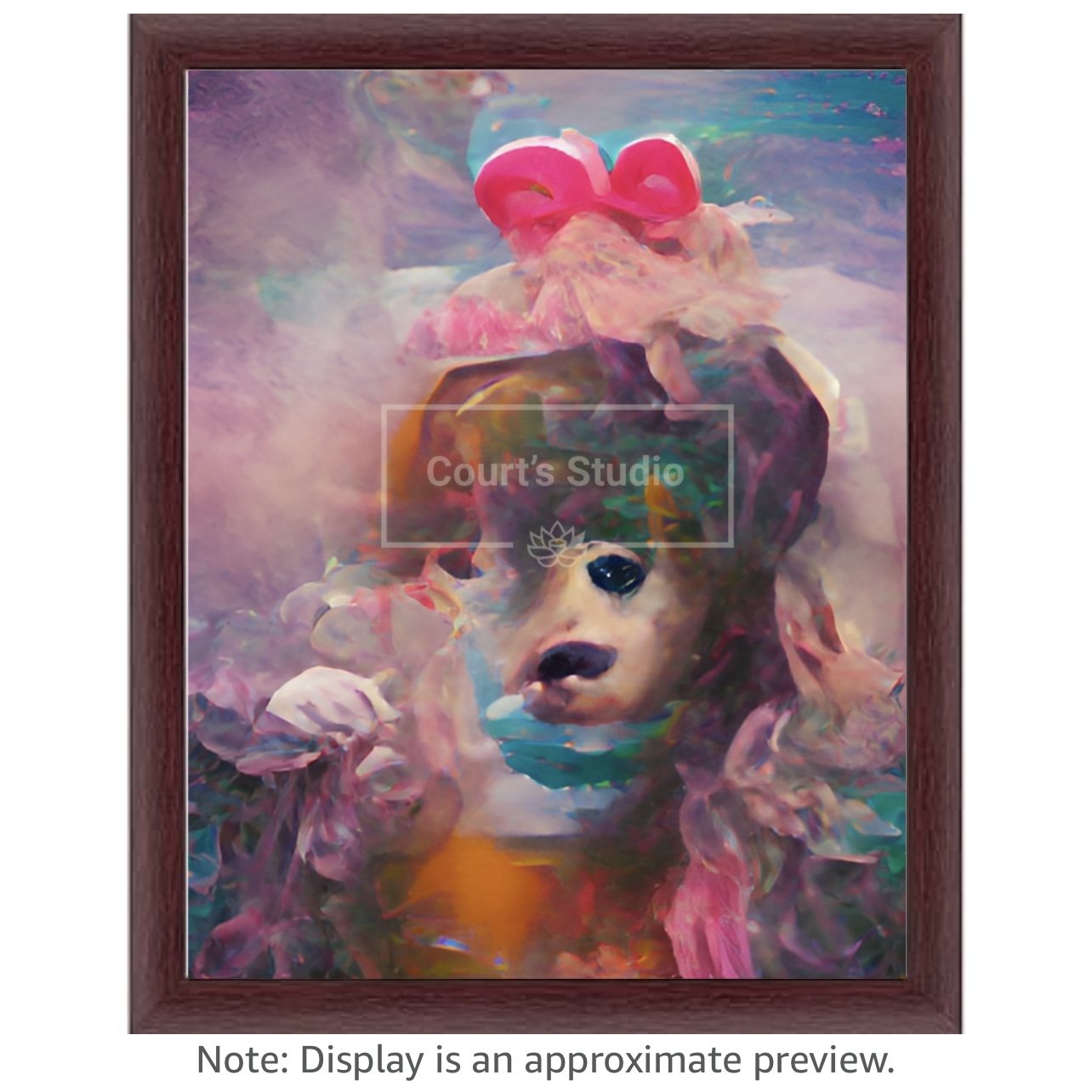 Custom 16x20 synesthesia art canvas with an elegant mahogany frame, featuring a blend of visuals and sounds in a stunning artwork.