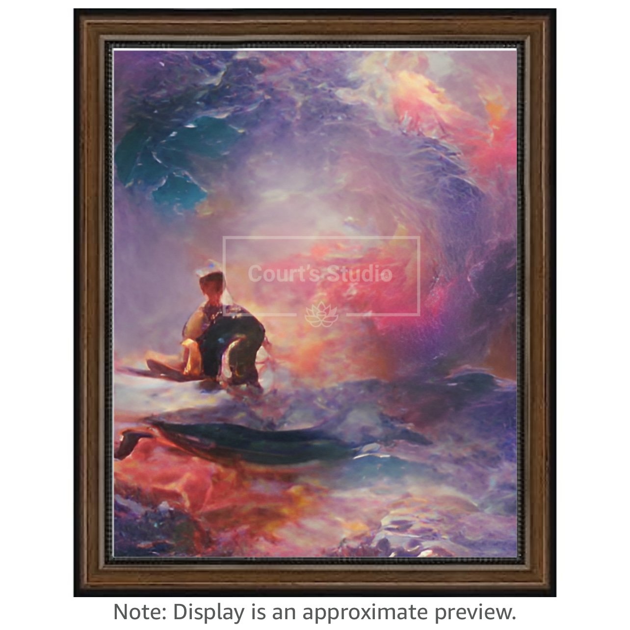 Custom 16x20 synesthesia art canvas with a rich walnut frame, offering a unique blend of colors and sounds in a personalized artwork.