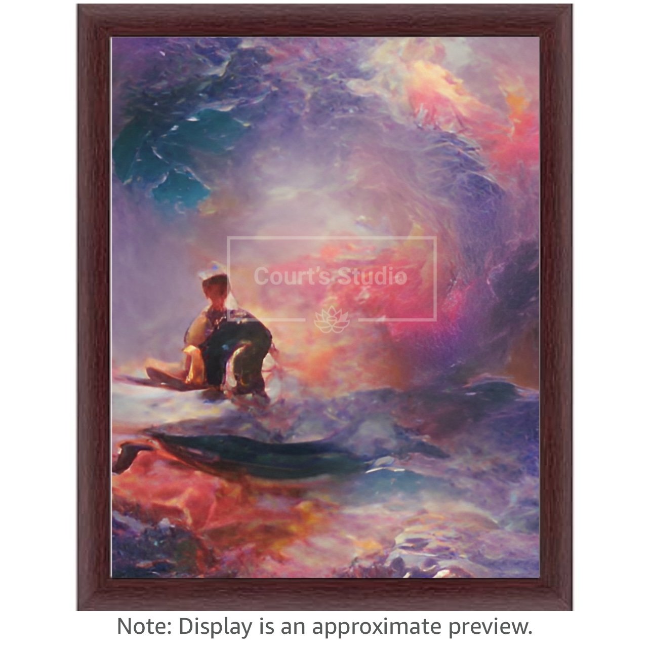 Custom 16x20 synesthesia art canvas with an elegant mahogany frame, featuring a blend of visuals and sounds in a stunning artwork.