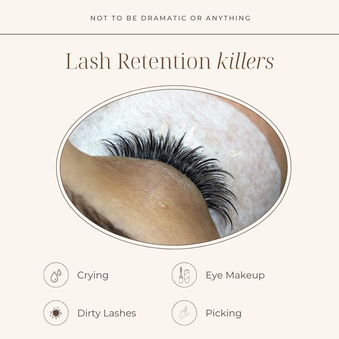 Other things that can be retention 𝘬𝘪𝘭𝘭𝘦𝘳𝘴 
- Oilsssss - avoid avoid avoid
- Face sleeping 
- Face rubs and lash rubs more specifically 
- Inconsistent with your fills - old glue is not a friend of retention 

We all want to keep your lashes o