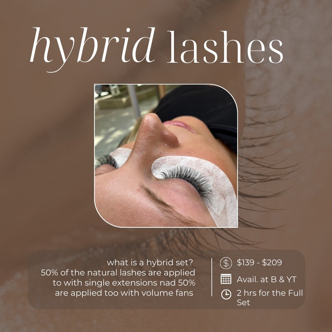 There are 3 options for Hybrid lashes...
𝗟𝗶𝗴𝗵𝘁 𝗛𝘆𝗯𝗿𝗶𝗱 
𝘵𝘩𝘪𝘴 𝘪𝘴 𝘸𝘩𝘦𝘳𝘦 50% 𝘰𝘧 𝘵𝘩𝘦 𝘭𝘢𝘴𝘩𝘦𝘴 𝘢𝘳𝘦 𝘴𝘪𝘯𝘨𝘭𝘦 𝘢𝘯𝘥 50% 𝘰𝘧 𝘵𝘩𝘦 𝘭𝘢𝘴𝘩𝘦𝘴 𝘩𝘢𝘷𝘦 2𝘋 𝘧𝘢𝘯𝘴 𝘰𝘯 𝘵𝘩𝘦𝘮 
𝗠𝗲𝗱𝗶𝘂𝗺 𝗛𝘆𝗯𝗿𝗶𝗱
𝘵𝘩𝘪𝘴 𝘪