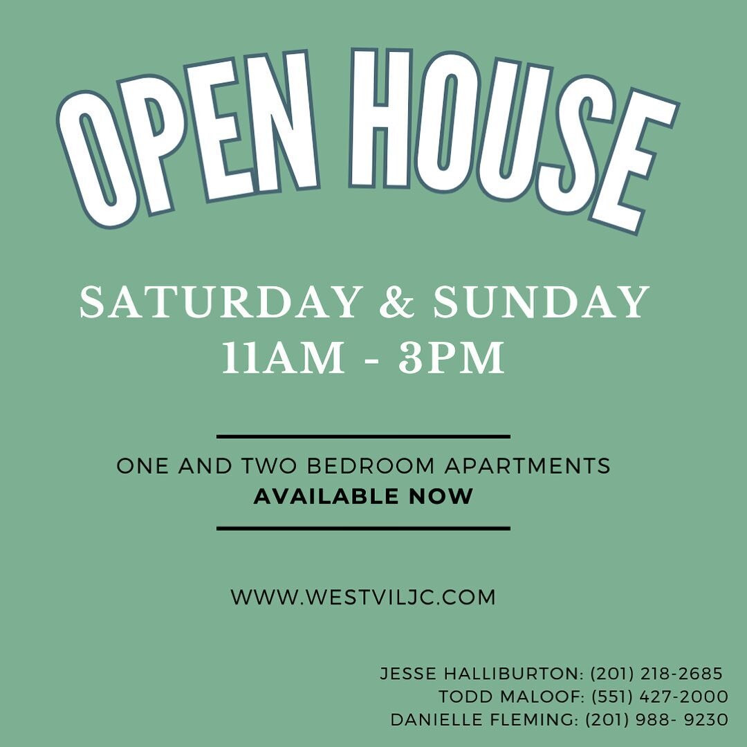🗣️THIS WEEKEND🗣️

We have open houses on Saturday and Sunday from 11am-3pm. We can&rsquo;t wait to show you around!

One and two bedroom apartments available, starting at $2,900. Contact Jesse, Todd, or Danielle for more info or visit us at www.Wes