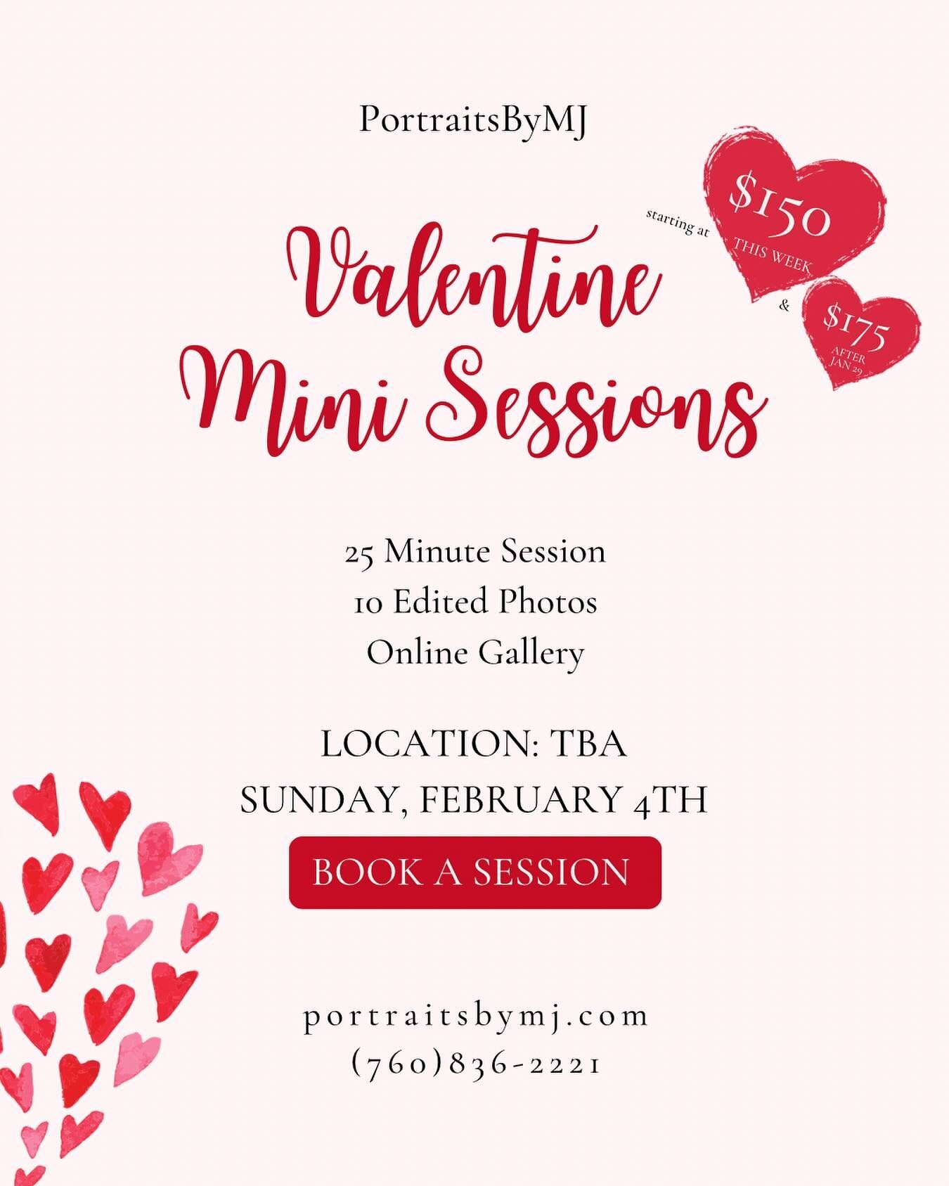 Valentine&rsquo;s Mini Sessions! Book Now, Link in Bio ❤️

Special Offer: 
✧ Book January 19th-21st &amp; get $25 off your mini session

-

✧$50 non-refundable deposit required
✧ Prices go up to $175 after January 29th
✧ Giveaway will take place on J