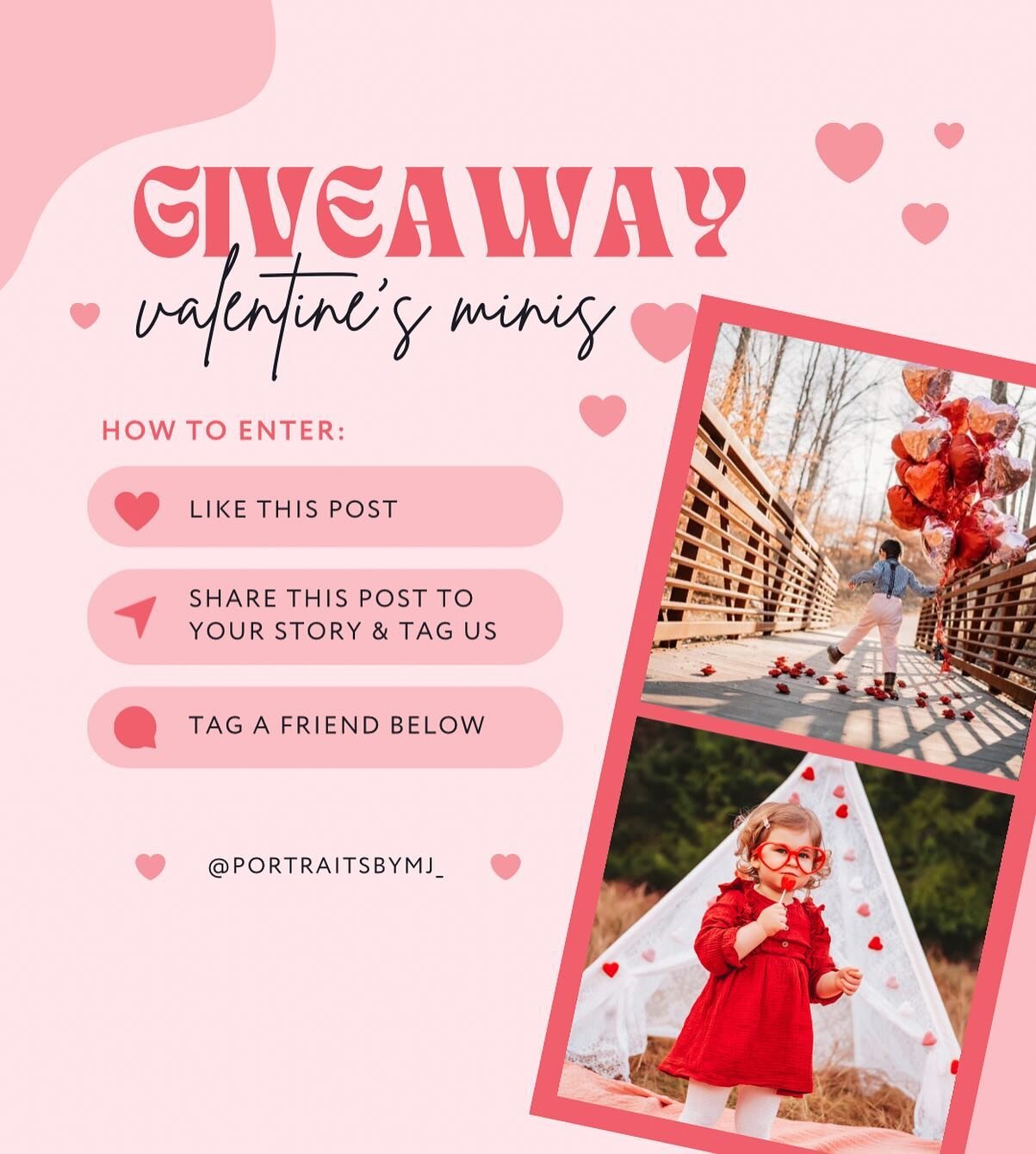 Valentine&rsquo;s Mini Session GIVEAWAY 🩷 

✧ Like this post
✧ Share this post to your story
✧ Tag a friend below
✧ Extra tags = Extra entries
✧ Must be following @portraitsbymj_ 

Winner will be announced January 28th @ 2:00 PM

Valentine&rsquo;s M