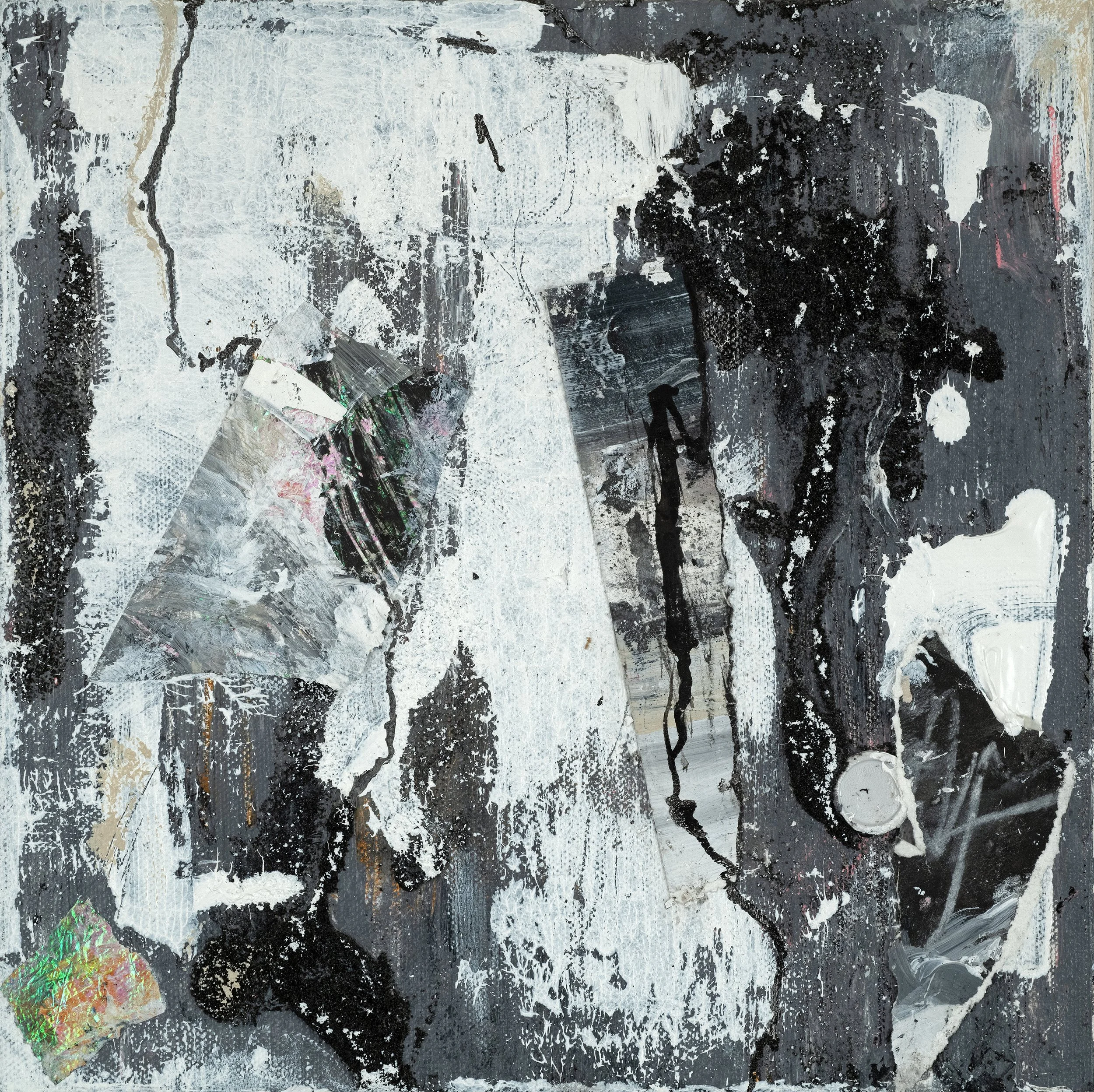 damask_rose_v2, 2018, Acrylic, Paper, Mylar, Plastic, Ink, Charcoal, Pastel and Texture Gel on Canvas, 10 x 10 inches
