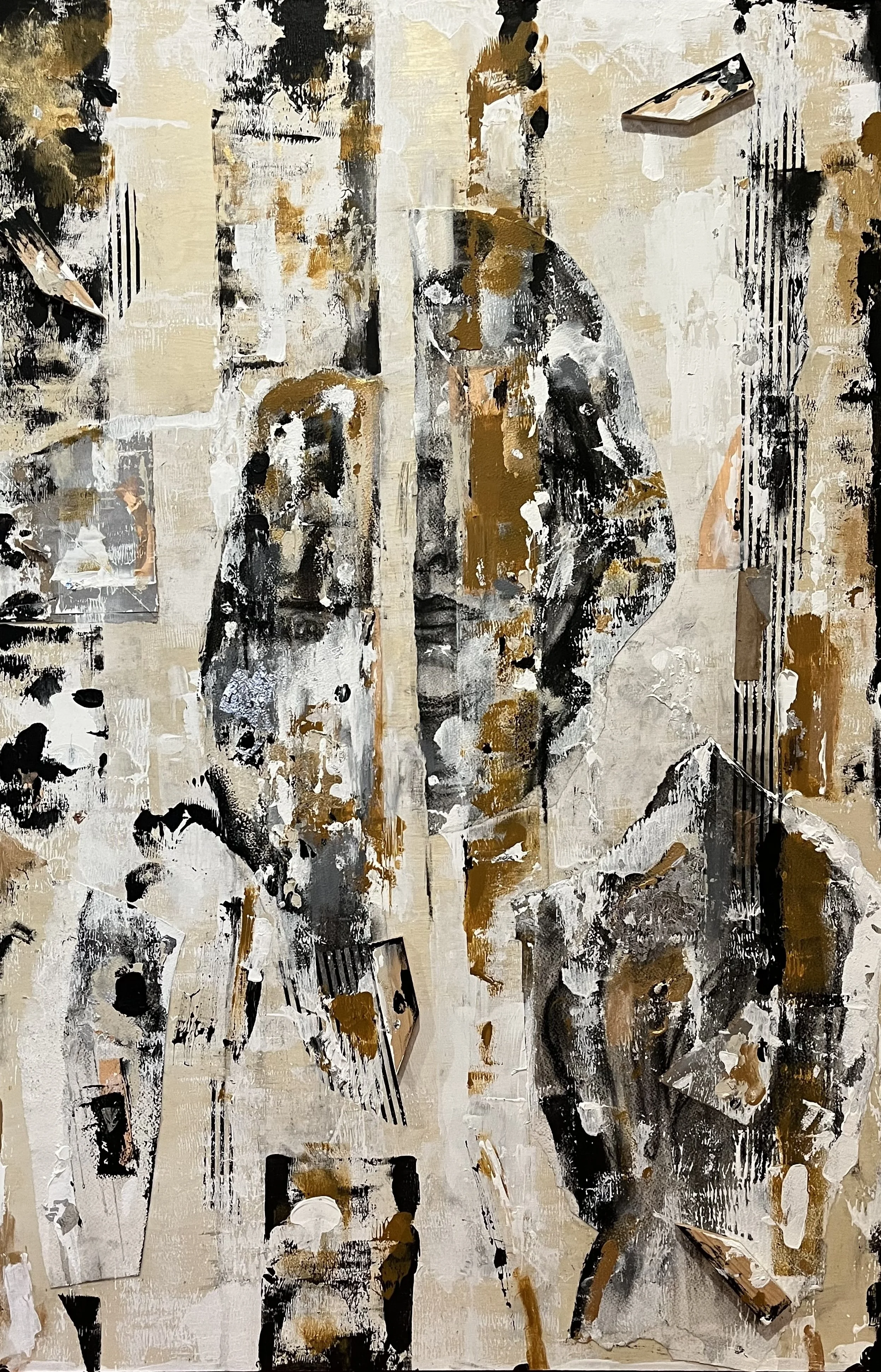 Puzzle(d), 2024, Acrylic, Charcoal, Collaged Papers, Wood, Metal Leaf on Wood Panel, 24 x 36 inches