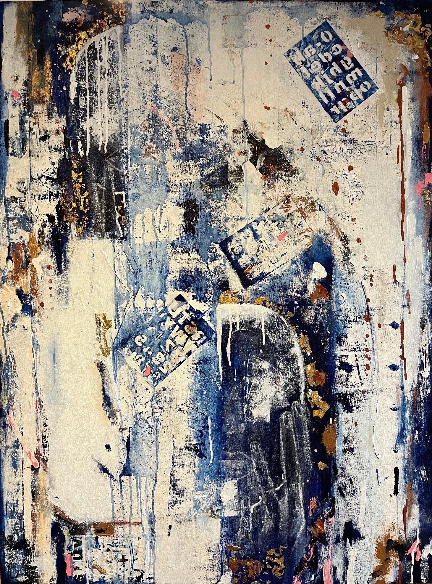 Fly Me to the Moon/Disillusioned, 2024, Acrylic, Pastel, Ink, Metal Leaf, Plastic, Paper, and Foam on Canvas, 36 x 48 inches