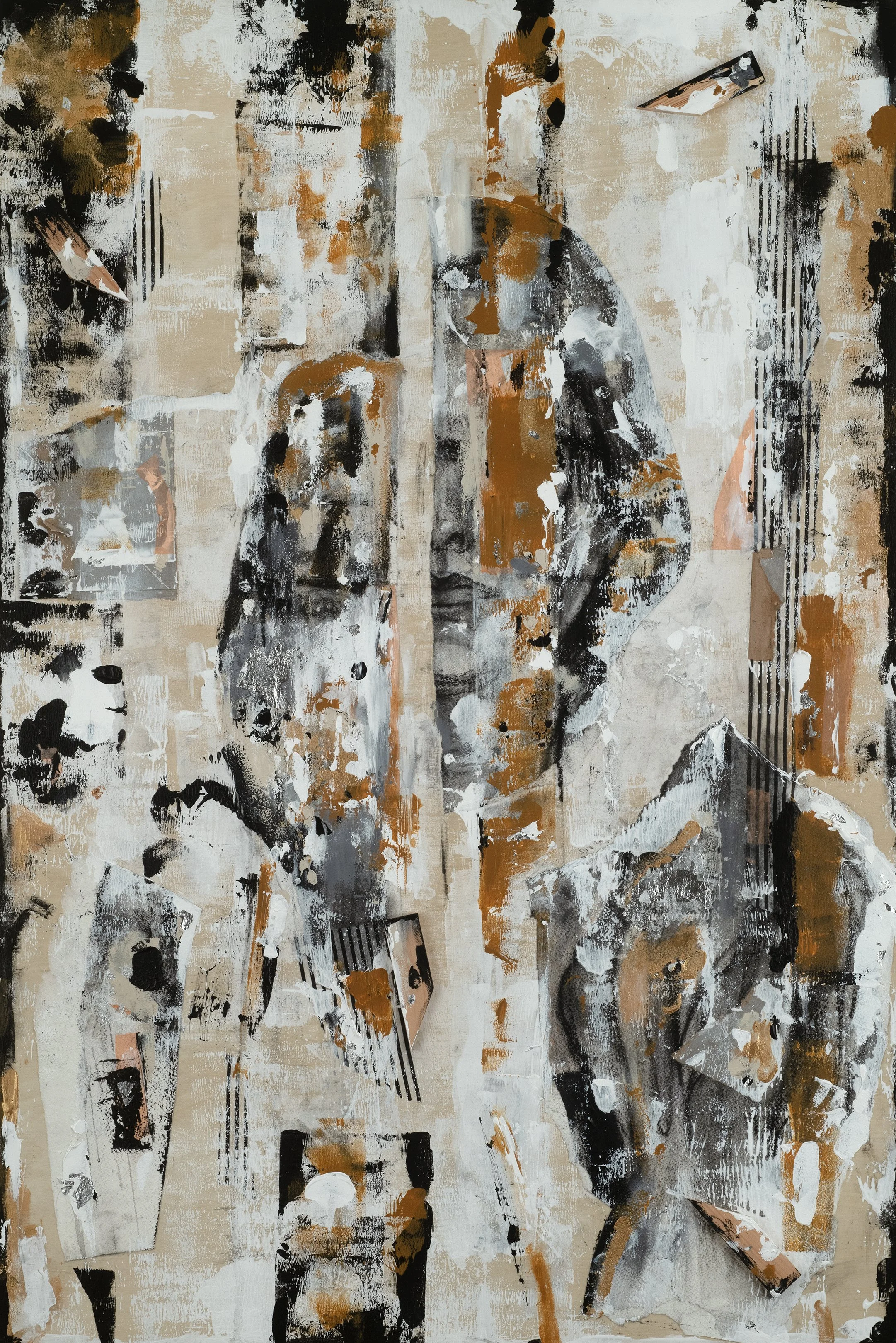 Puzzle(d), 2024, Acrylic, Charcoal, Collaged Papers, Wood, Metal Leaf on Wood Panel, 24 x 36 inches