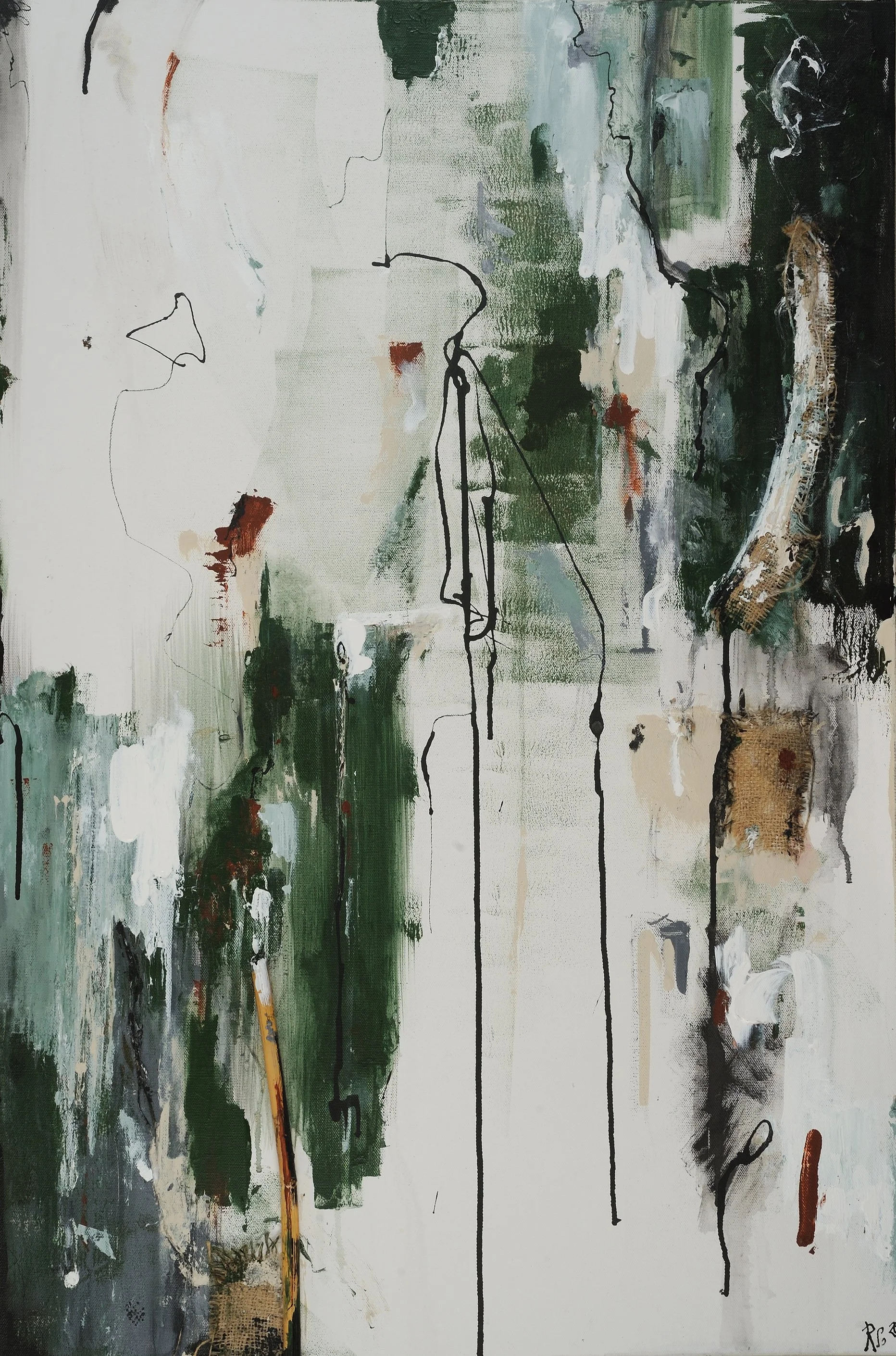 Walking, 2020, Acrylic, Ink, Bamboo and Fabric on Canvas, 24 x 36 inches 
