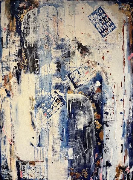 Fly Me to the Moon/Disillusioned, 2024, Acrylic, Pastel, Ink, Metal Leaf, Plastic, Paper, and Foam on Canvas, 36 x 48 inches