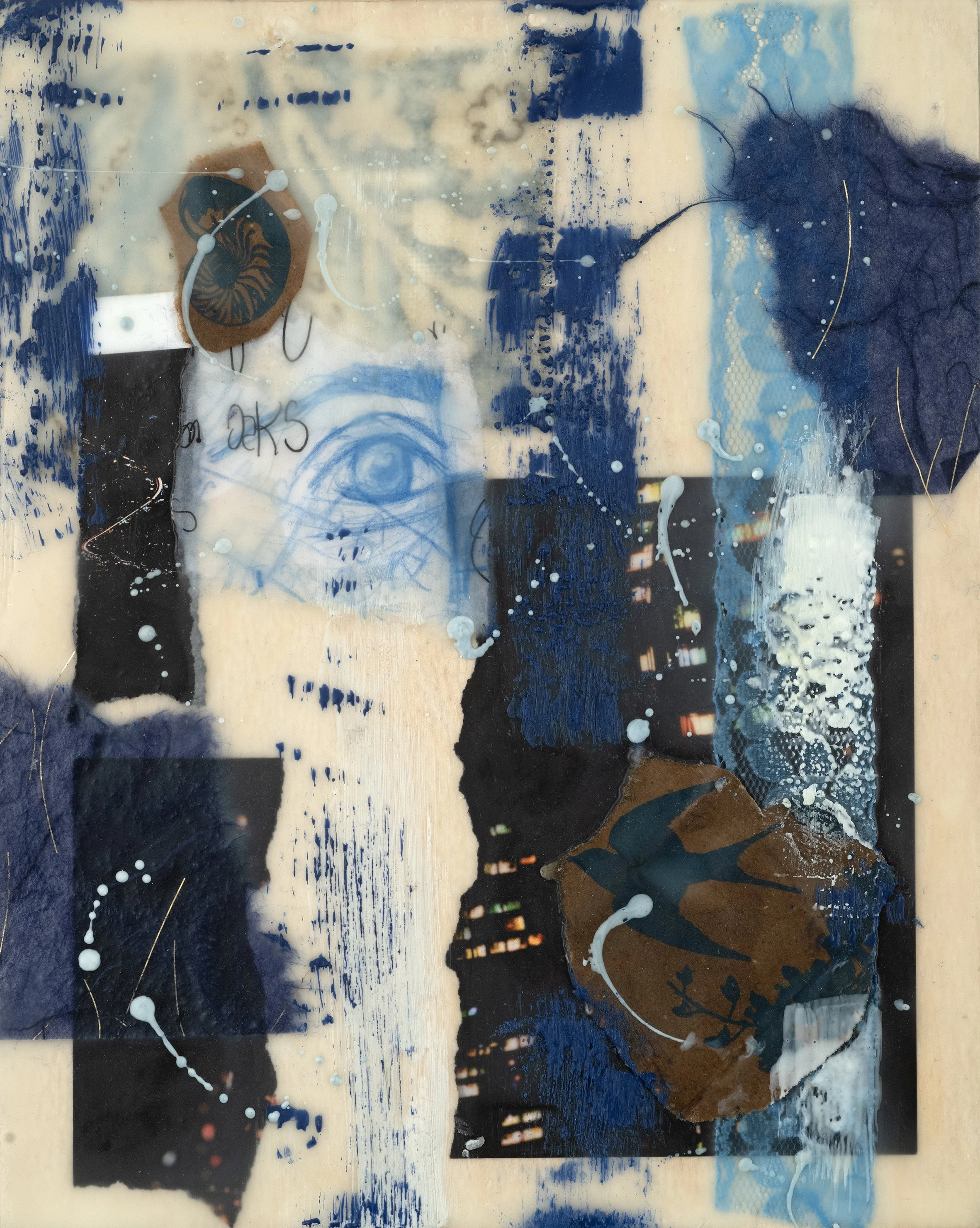 Dreamscape, 2023, Encaustic, Fabric, Torn Papers, and Pencil on Wood, 8 x 10 inches 