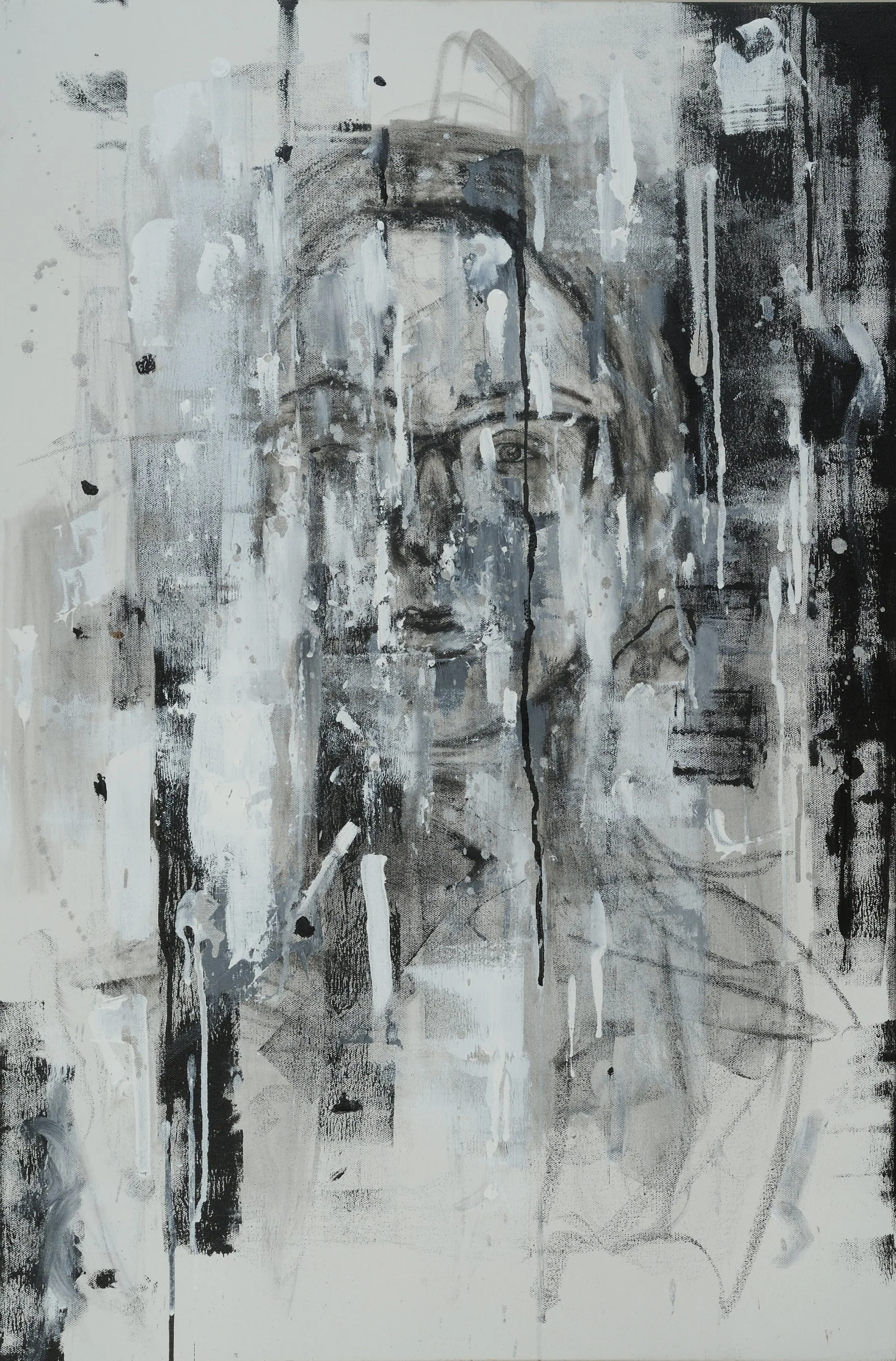Burst my Bubble, 2023, Acrylic, Charcoal and Ink on Canvas, 24 x 36 inches