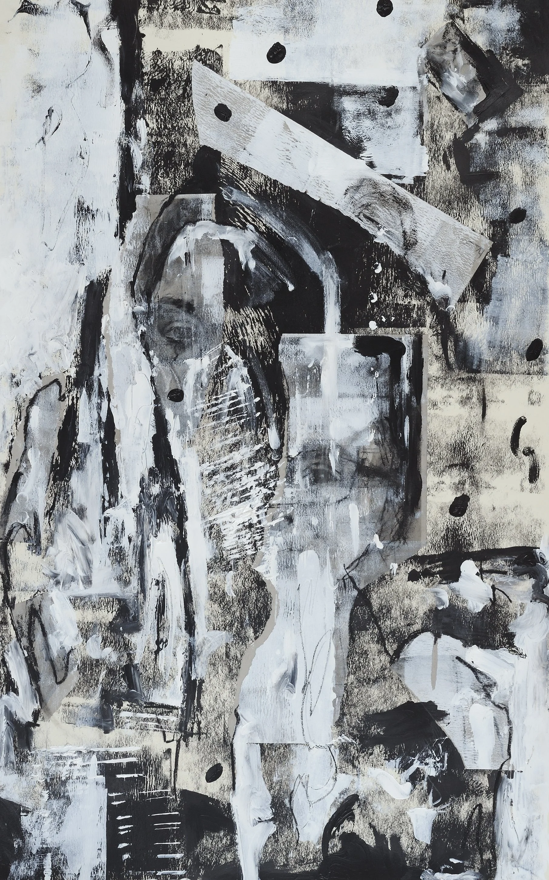 Black and White (Thinking), 2022, Acrylic, Charcoal and Ink on Paper, 22 x 35 inches