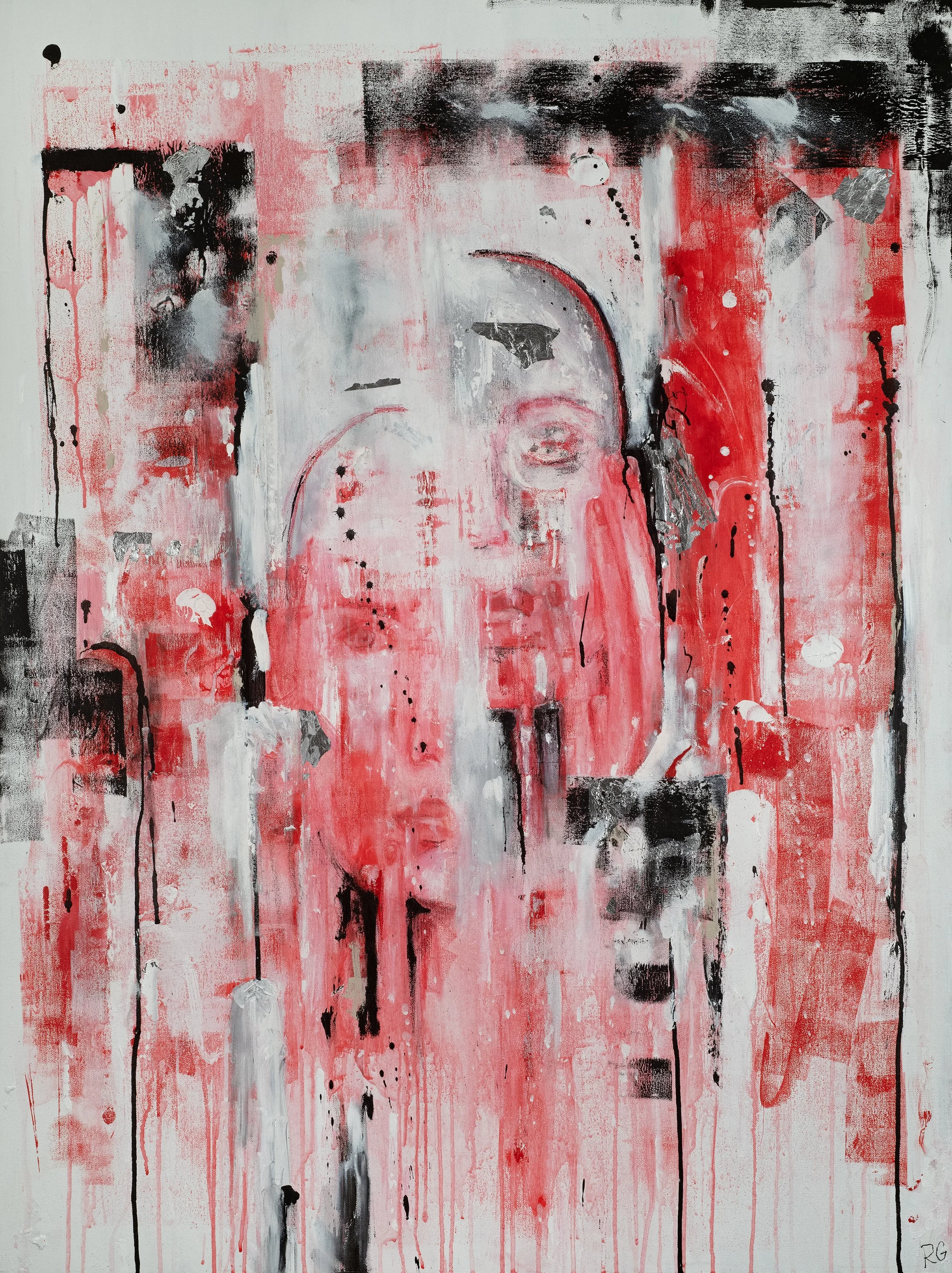 Red Flags/ Miss. Calculated, 2023-4, Acrylic, Ink, Pastel, Charcoal, and Metal Leaf on Canvas, 36 x 48 inches