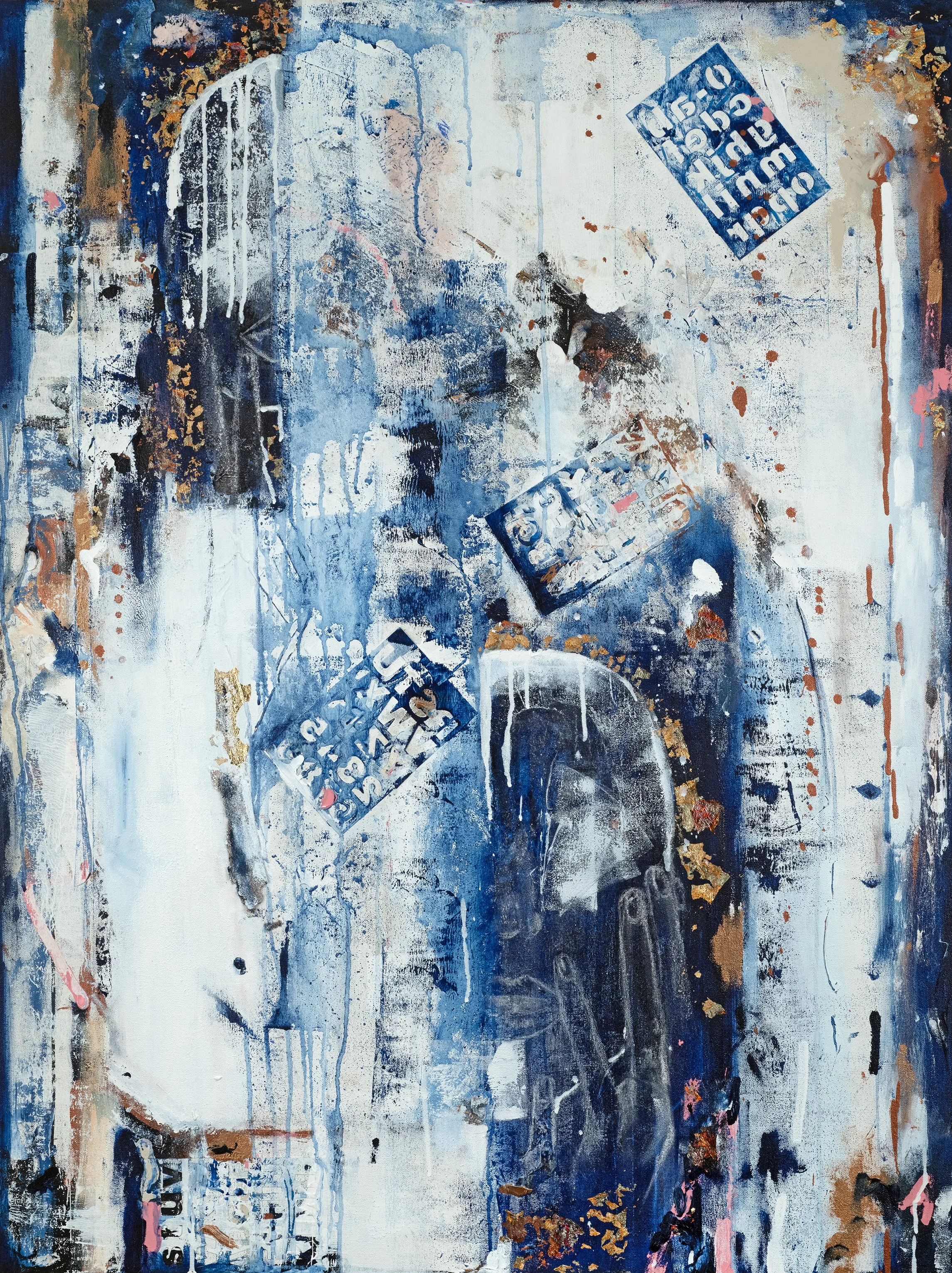 Fly Me to the Moon/Disillusioned, 2024, Acrylic, Pastel, Ink, Metal Leaf, Plastic, Paper, and Foam on Canvas, 36 x 48 inches