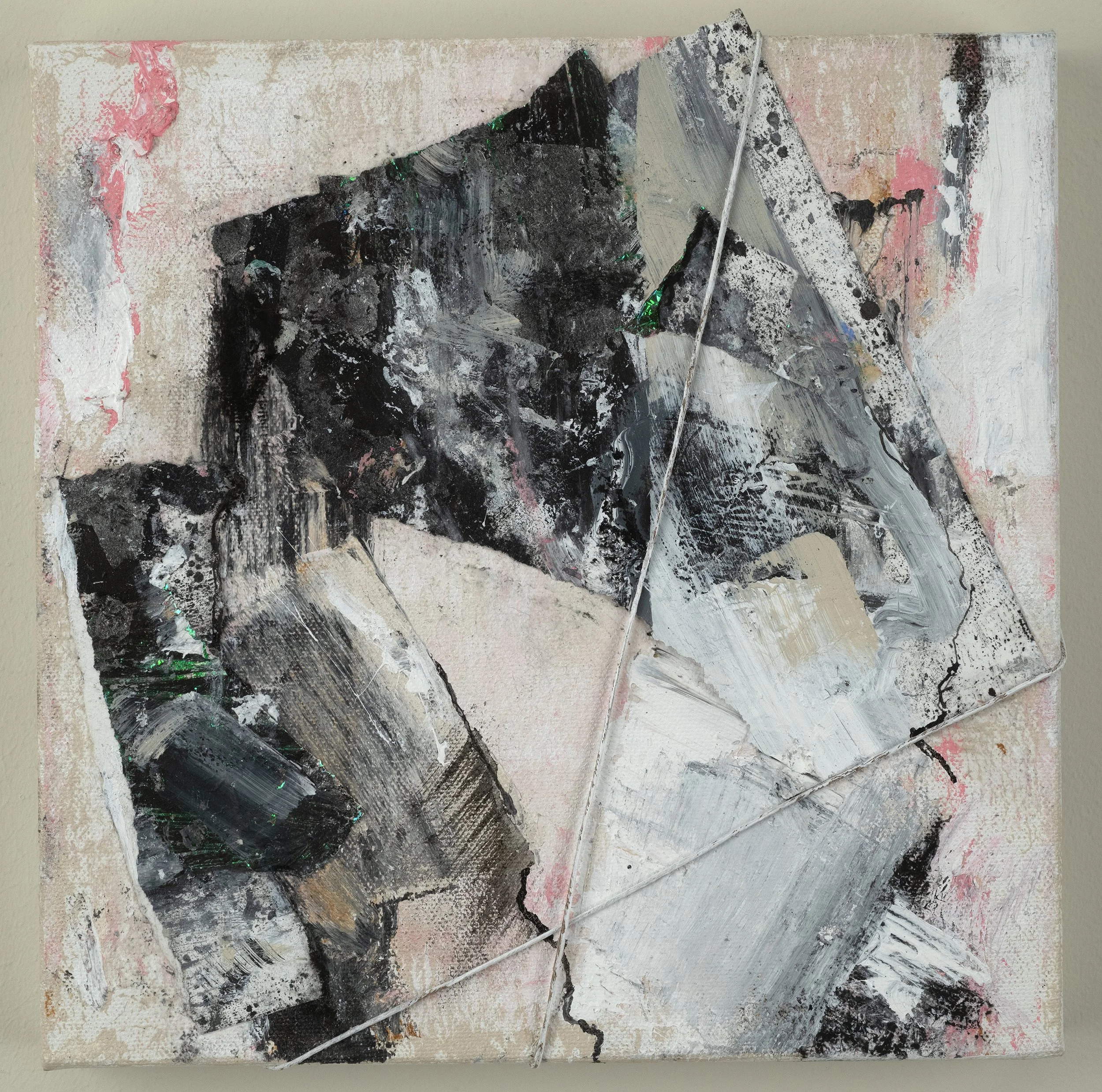 damask_rose_v1, 2018, Acrylic, Paper, Mylar, Plastic, Ink, Charcoal, Pastel and String on Canvas, 10 x 10 inches