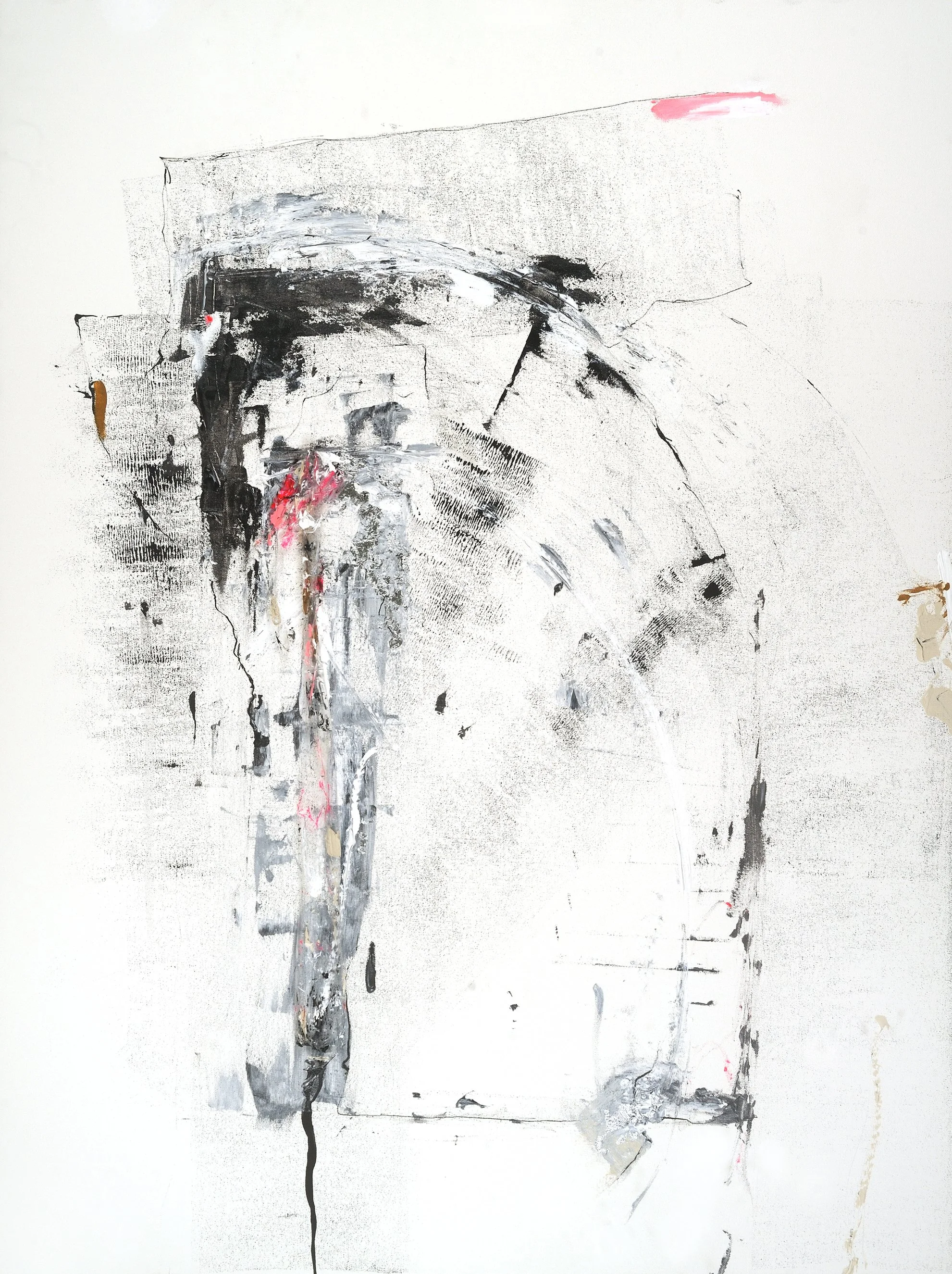 untitled, 2017, Acrylic, Ink, Metal Leaf and Plastic on Canvas, 36 x 48 inches 