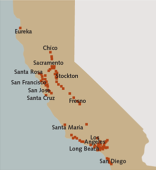 Map of California showing major cities including Eureka, Chico, Sacramento, Stockton, Fresno, San Francisco, San Jose, Santa Cruz, Santa Rosa, Santa Maria, Los Angeles, Long Beach, San Diego, and others.